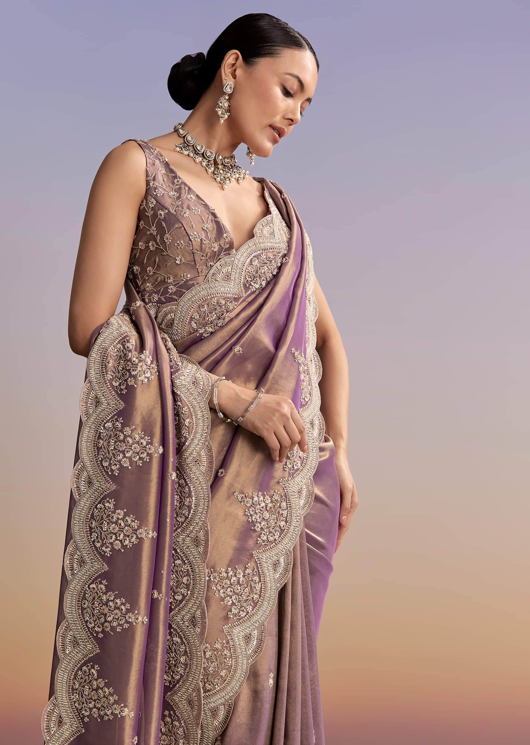 Mauve Tissue Embroidered Saree With Sequin And Stone Work - Image 5