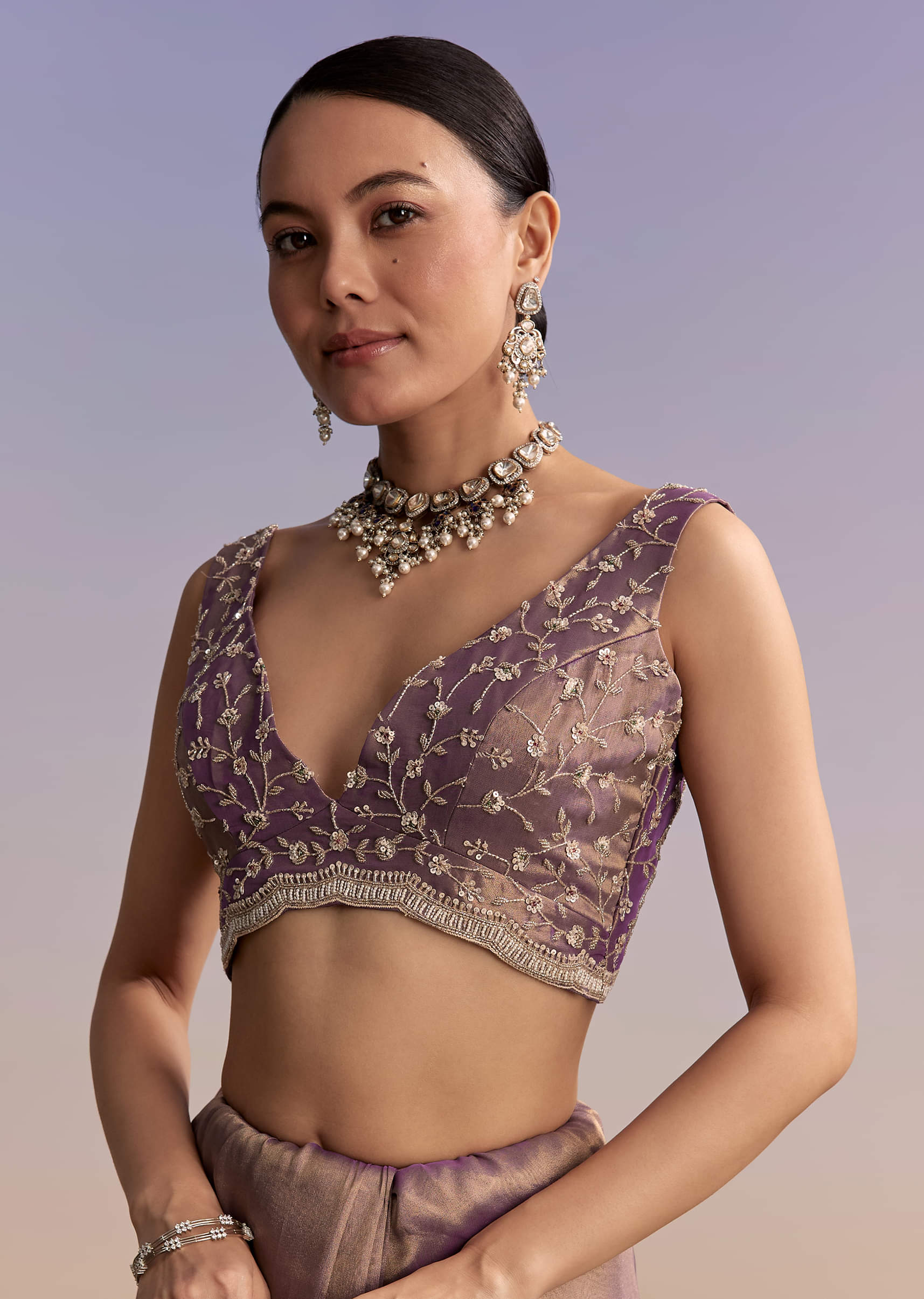 Mauve Tissue Embroidered Saree With Sequin And Stone Work - Image 8