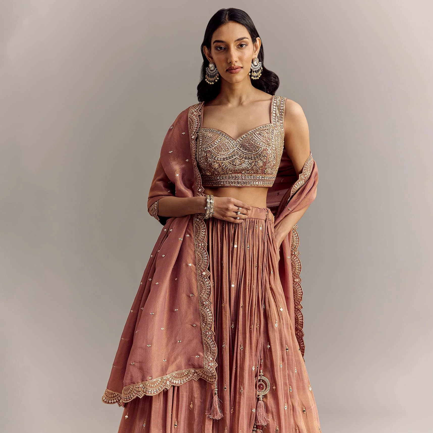 Mauve Tissue Lehenga Set With Embroidered Choli And Dupatta - Image 3