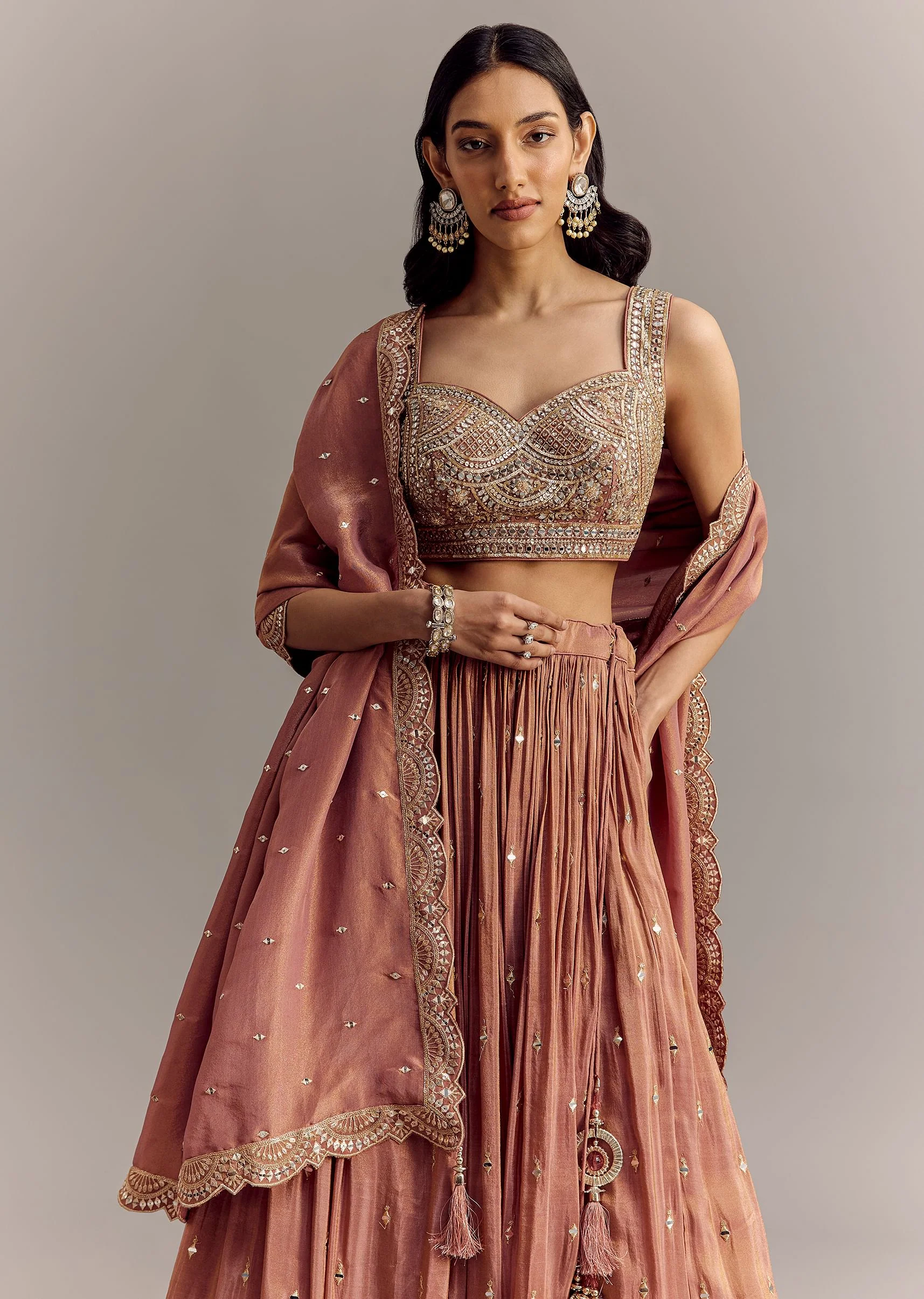 Mauve Tissue Lehenga Set With Embroidered Choli And Dupatta - Image 4