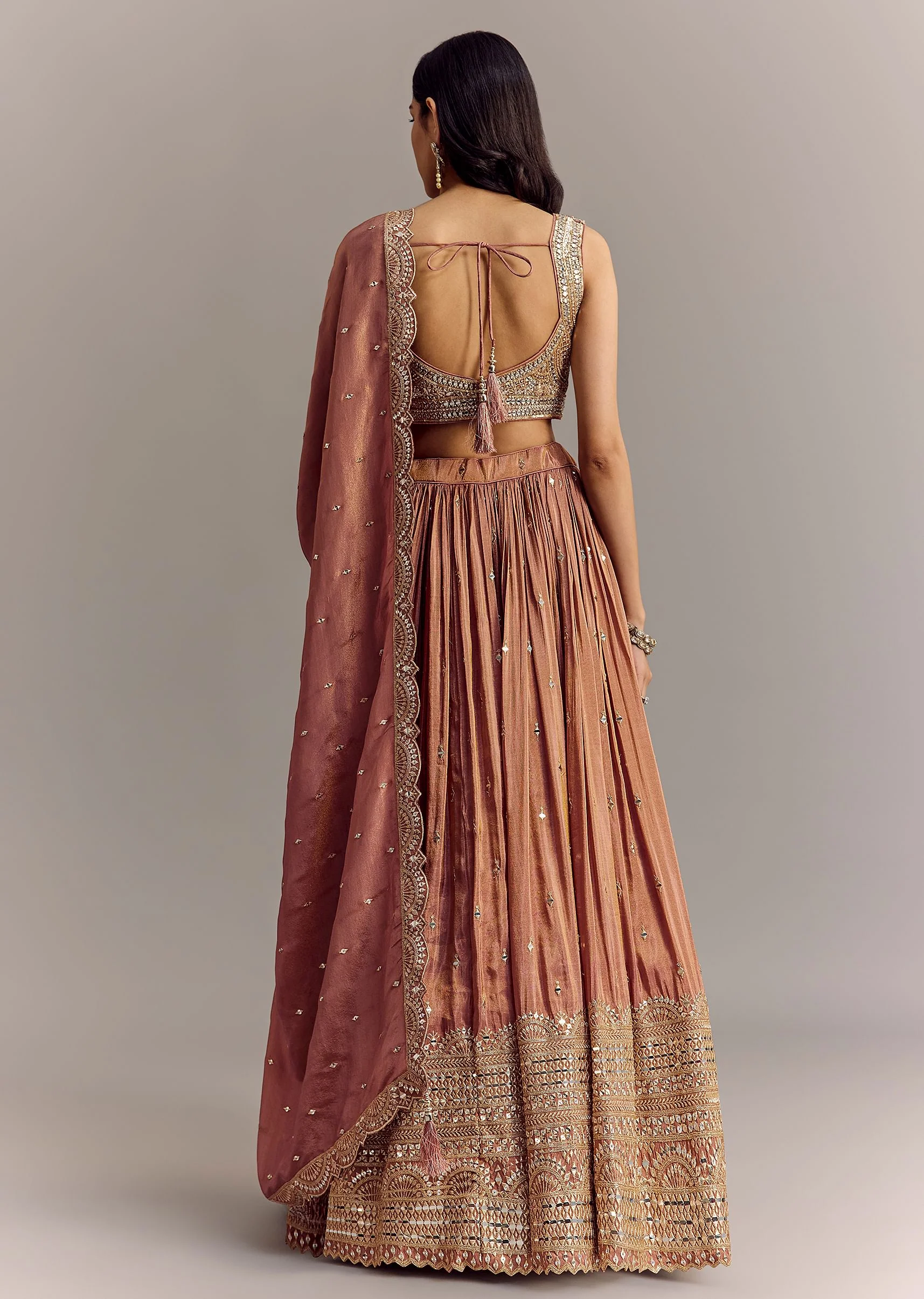Mauve Tissue Lehenga Set With Embroidered Choli And Dupatta - Image 5