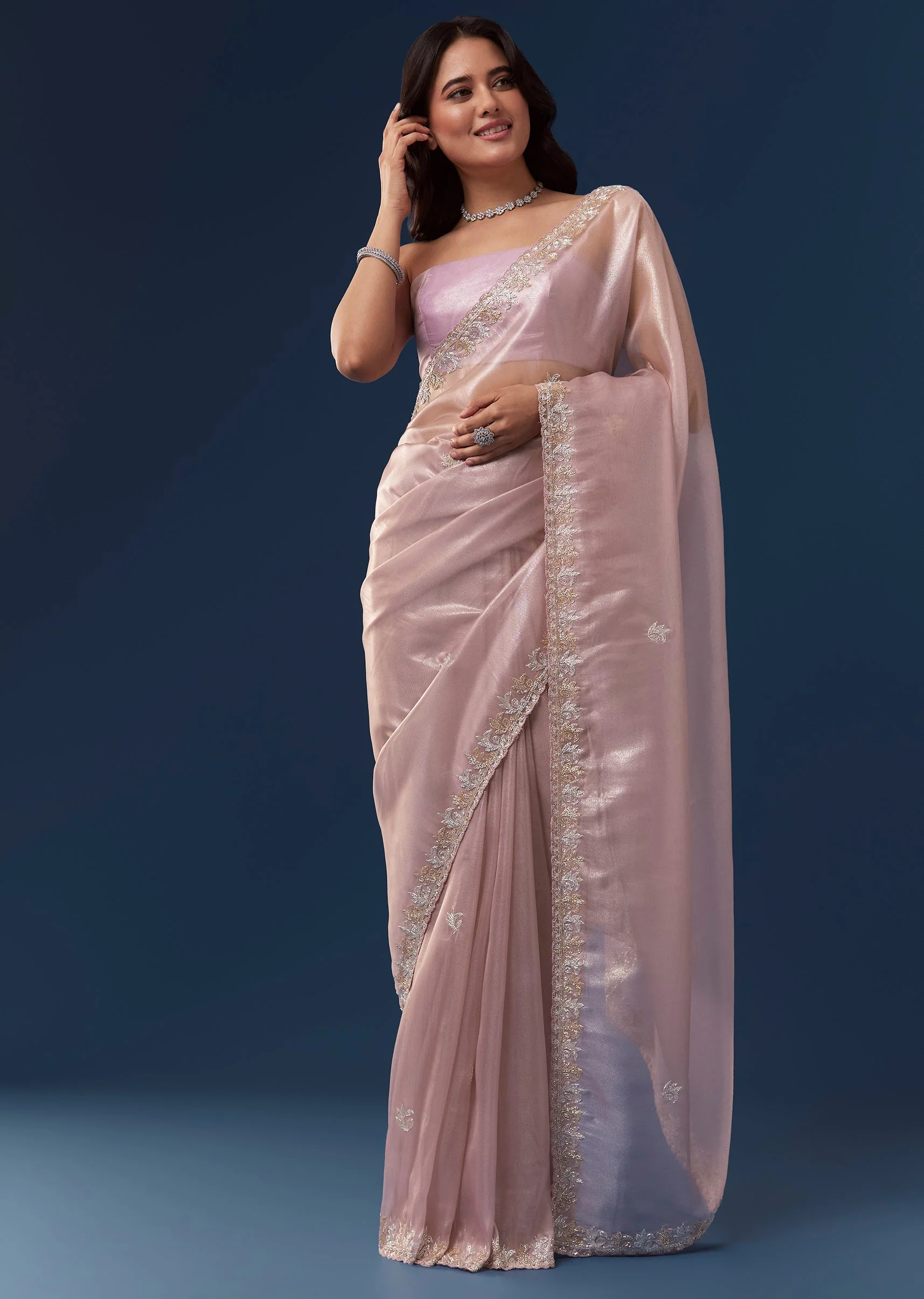 Mauve Tissue Saree With Scallop Embroidered Border And Butti Work
