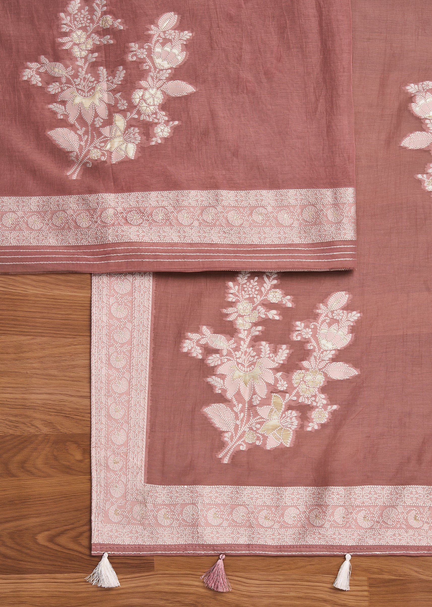 Mauve Unstitched Cotton Suit With Dupatta - Image 3