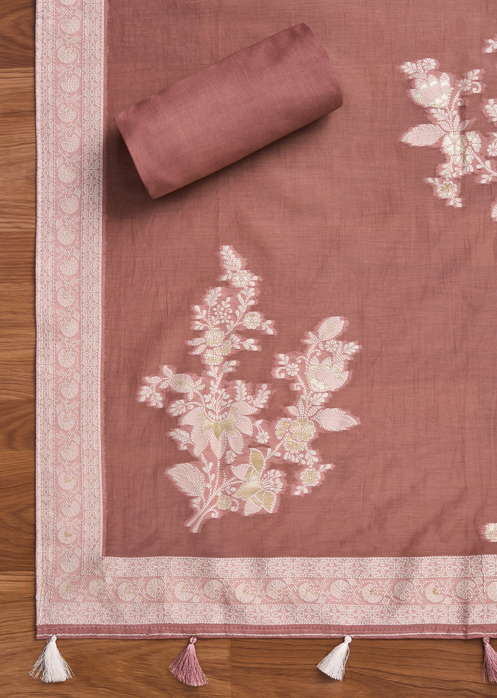 Mauve Unstitched Cotton Suit With Dupatta - Image 4