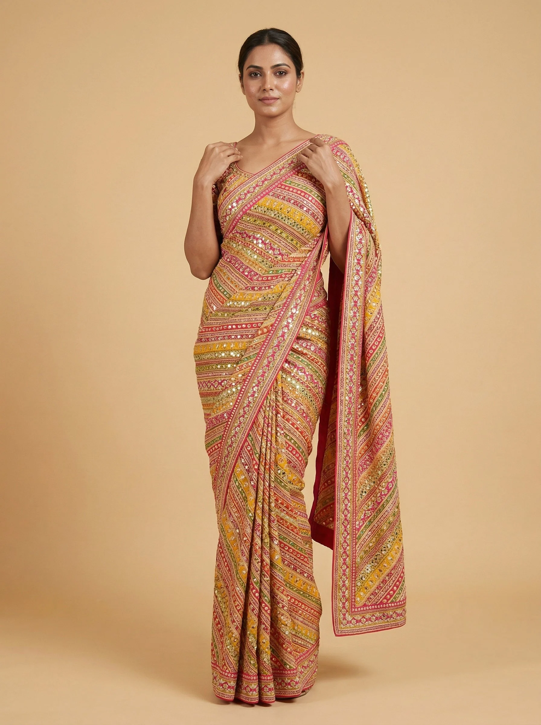Meadow Pink Green Shaded Embroidered Saree