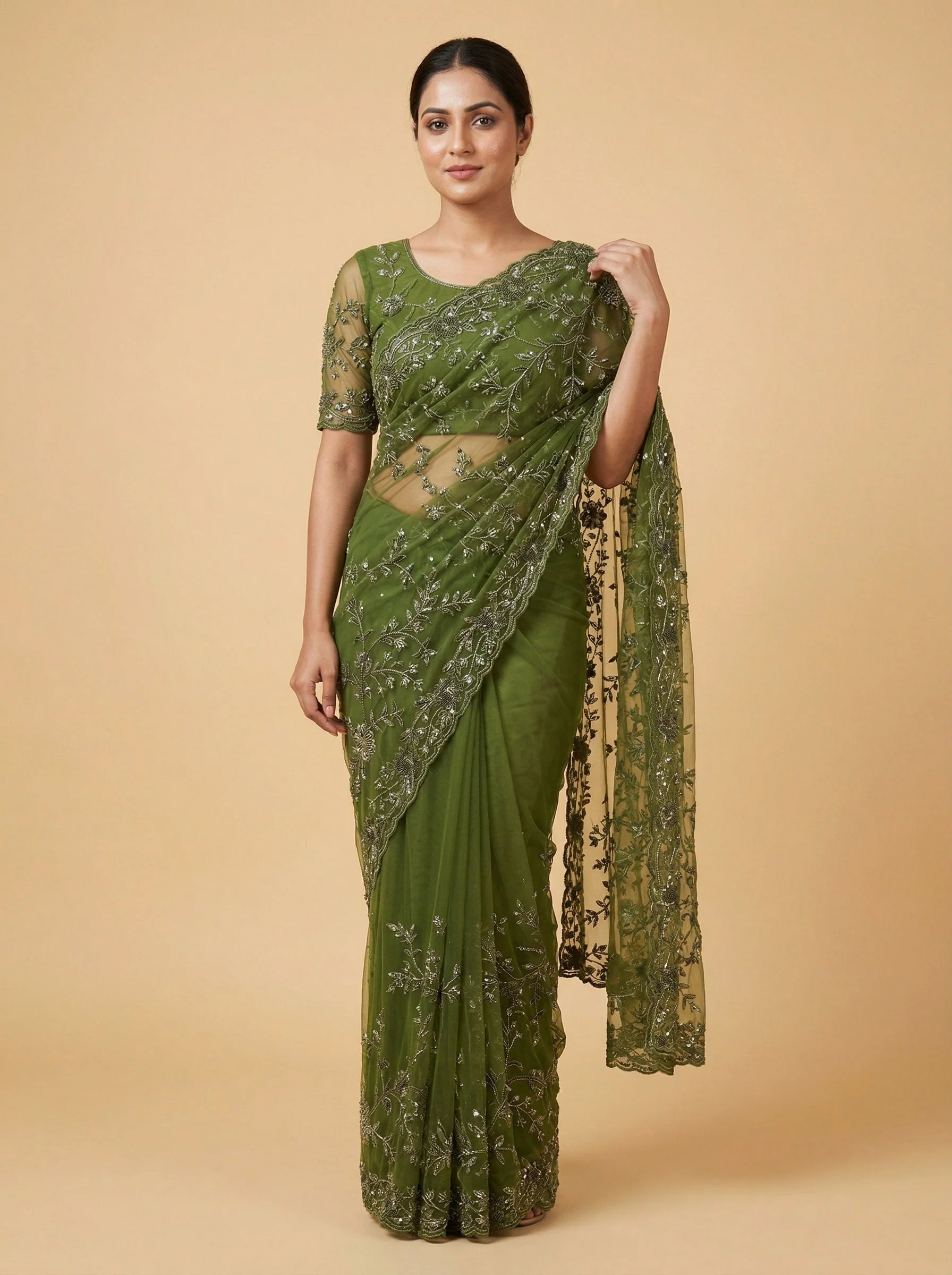Mehandi Green Classic Embroidered Saree