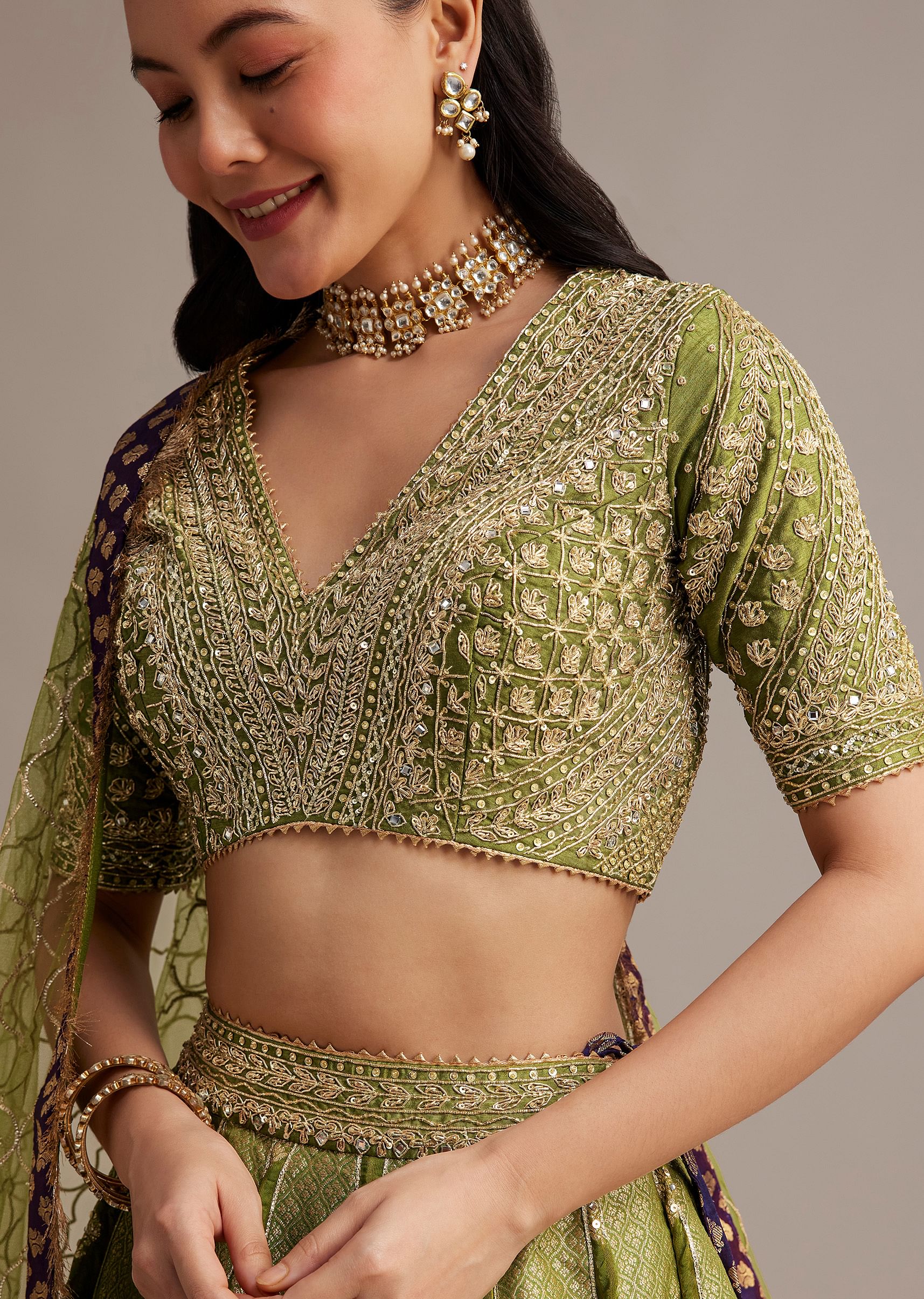 Mehendi Green Banarasi Silk Lehenga Set With Zardosi Work - Image 2