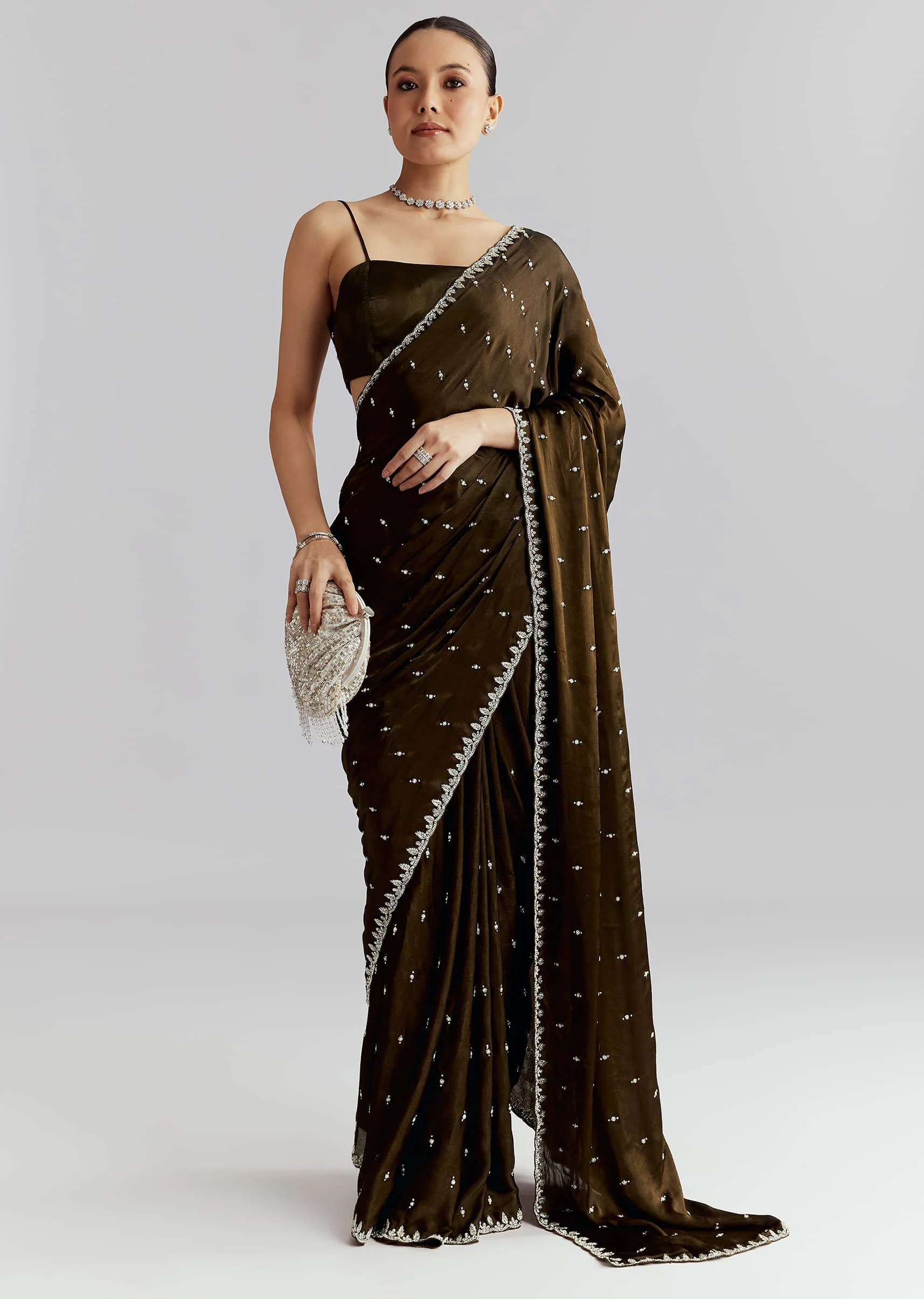 Mehendi Green Chinon Saree With Heavy Hand Embroidery - Image 3
