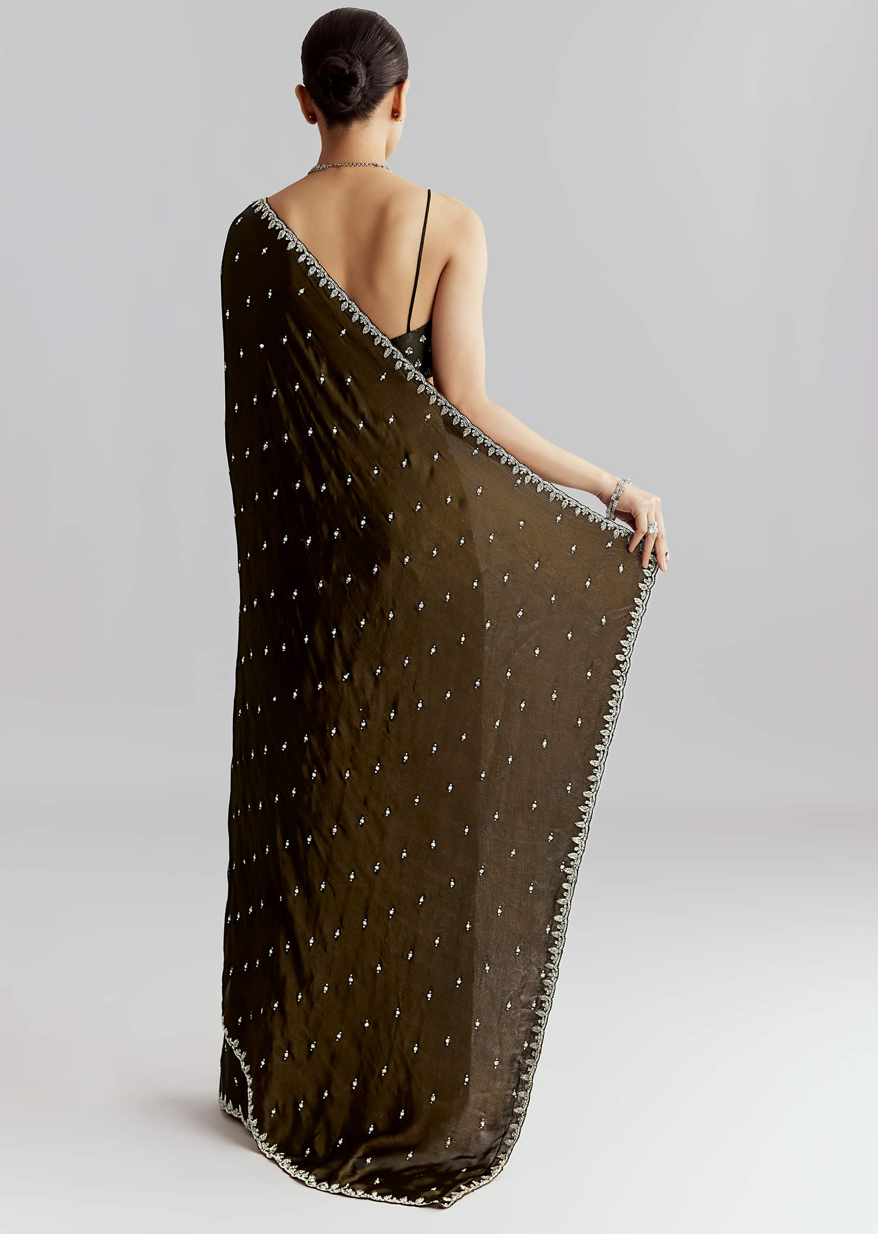 Mehendi Green Chinon Saree With Heavy Hand Embroidery - Image 4