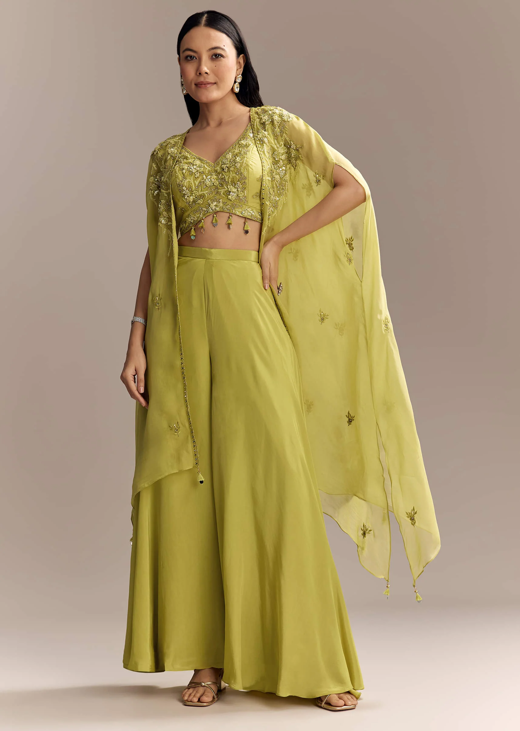 Mehendi Green Crepe Crop Top And Palazzo Set With Embroidered Cape - Image 4