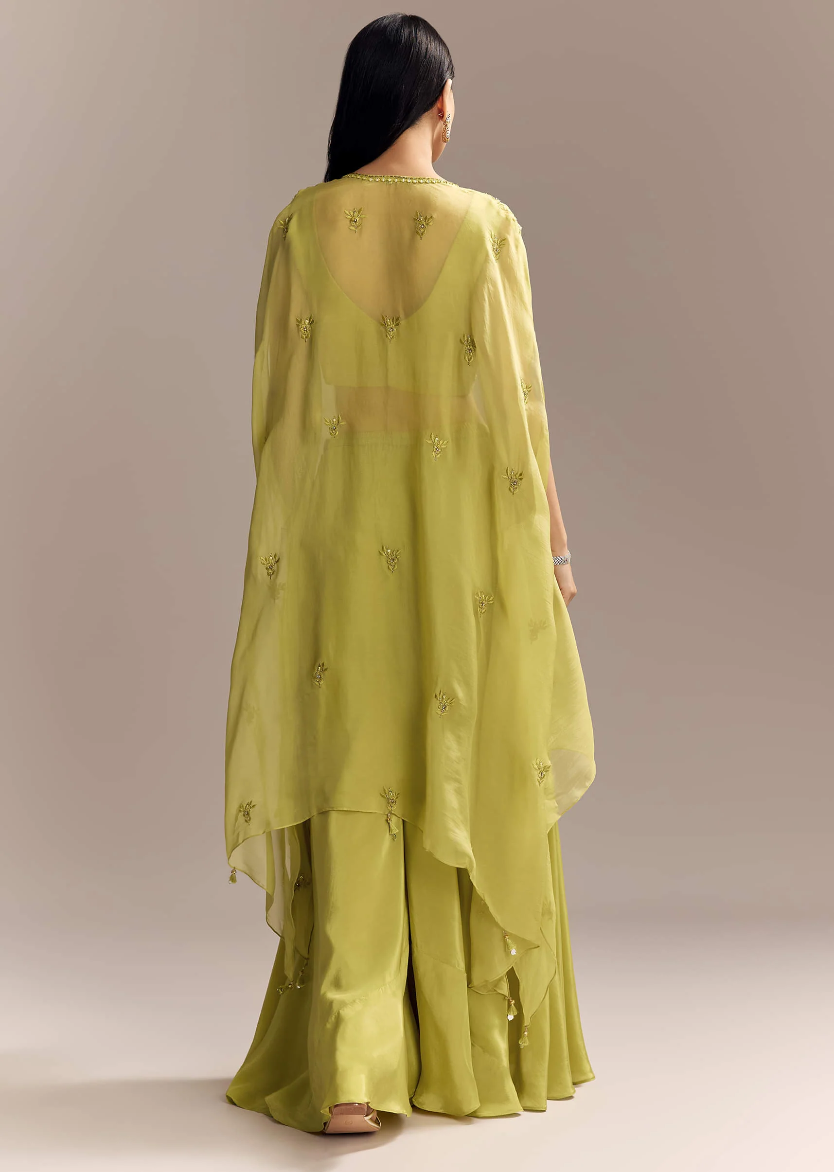 Mehendi Green Crepe Crop Top And Palazzo Set With Embroidered Cape - Image 5