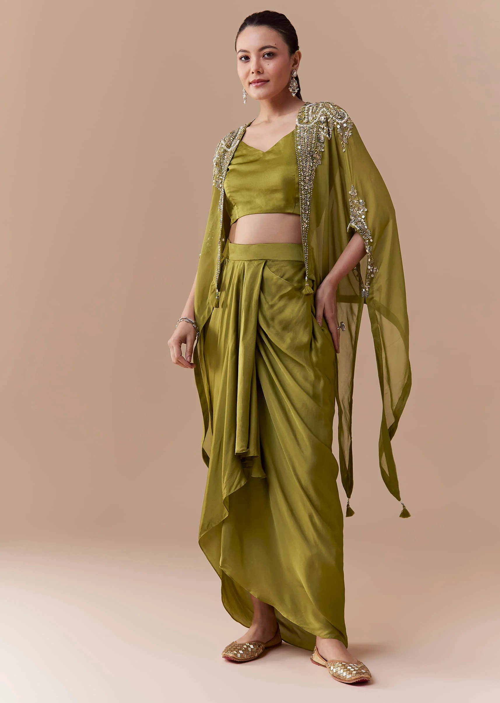 Mehendi Green Crop Top Draped Skirt Set with Sequin Cape