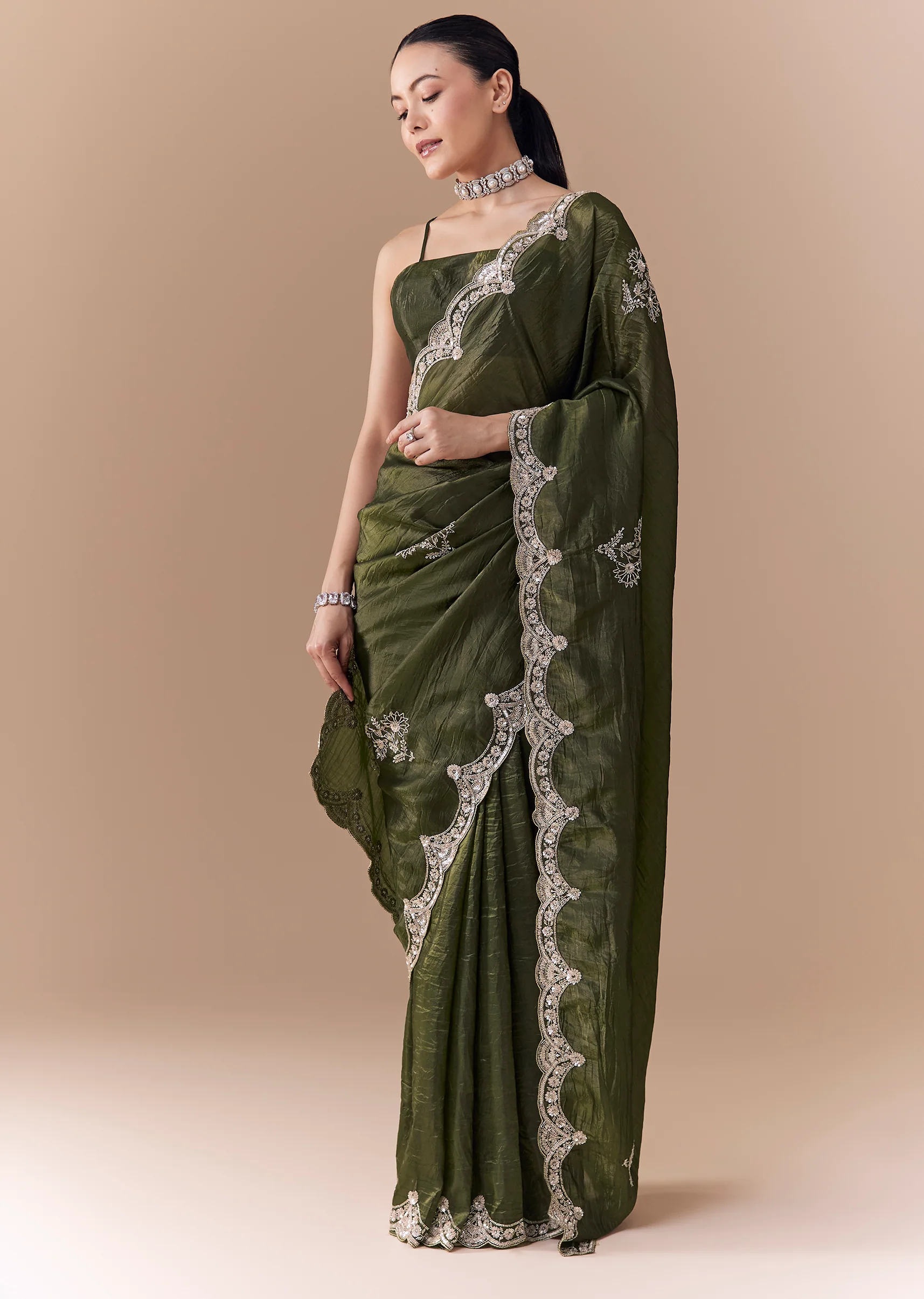 Mehendi Green Crush Tissue Embellished Saree with Blouse Fabric - Image 3