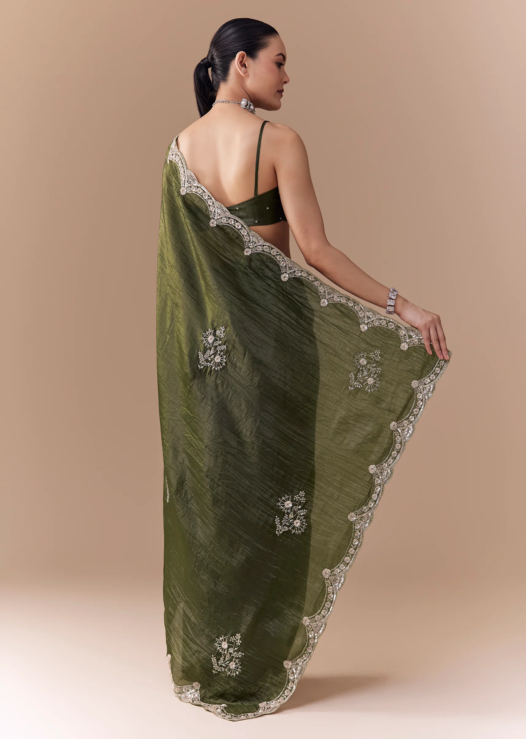 Mehendi Green Crush Tissue Embellished Saree with Blouse Fabric - Image 4