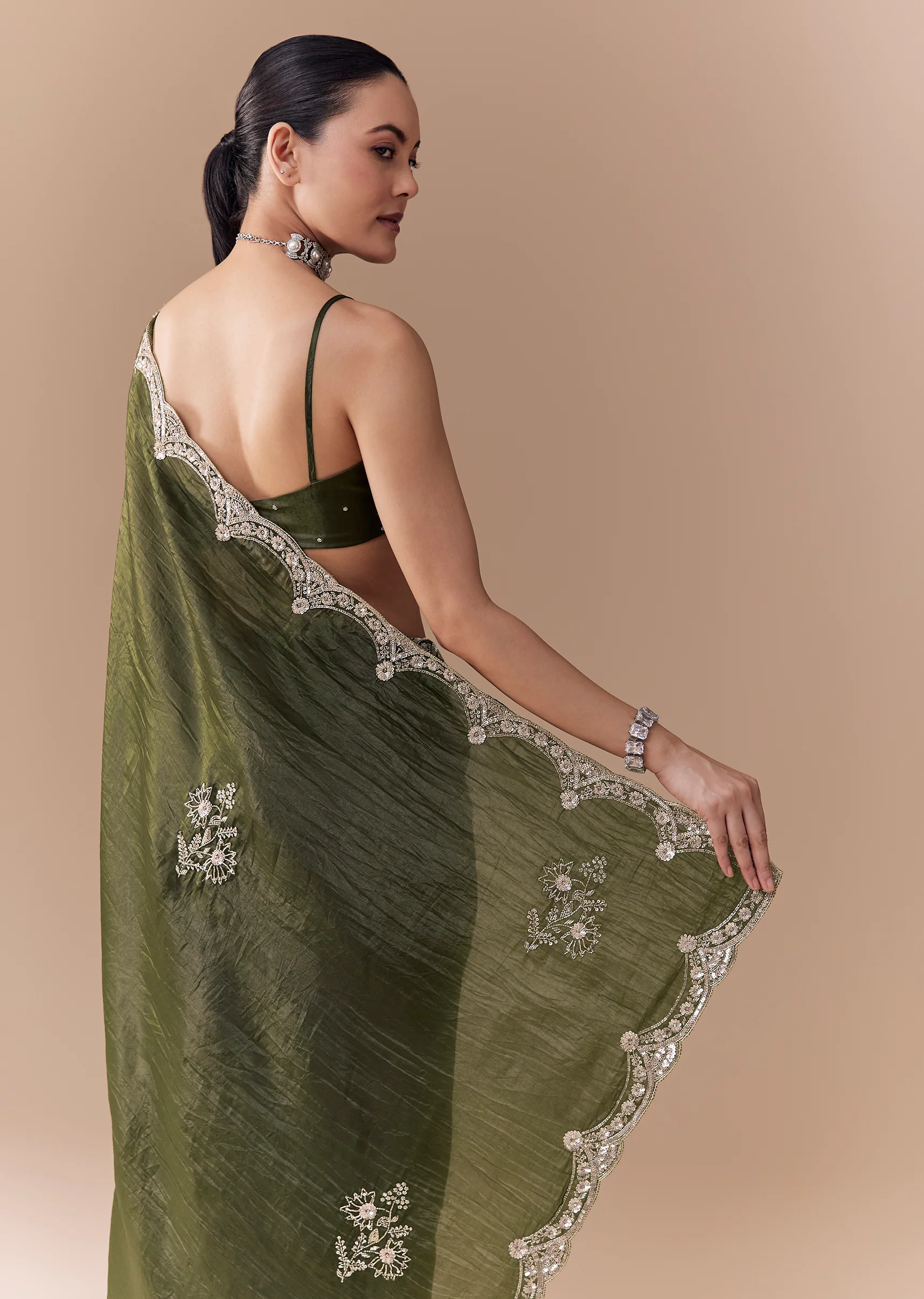 Mehendi Green Crush Tissue Embellished Saree with Blouse Fabric - Image 6