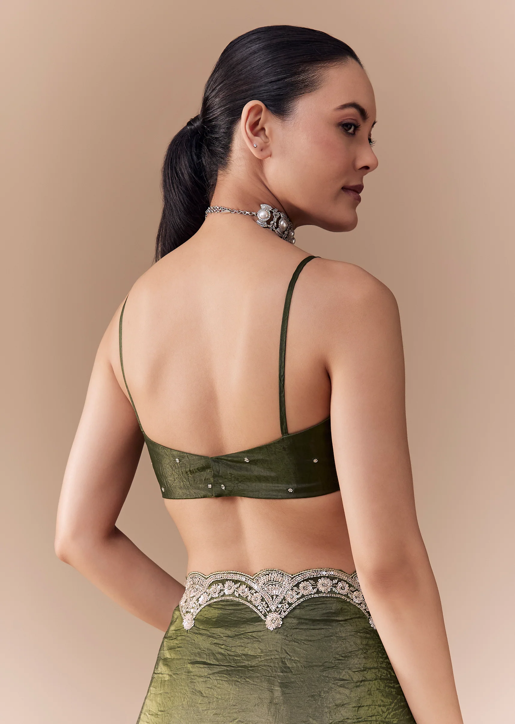 Mehendi Green Crush Tissue Embellished Saree with Blouse Fabric - Image 8