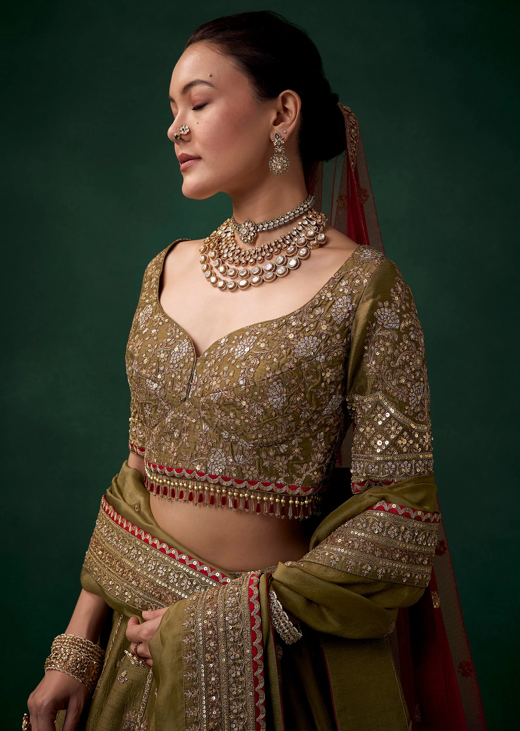 Mehendi Green Embroidered Bridal Lehenga Set in Silk - Image 3