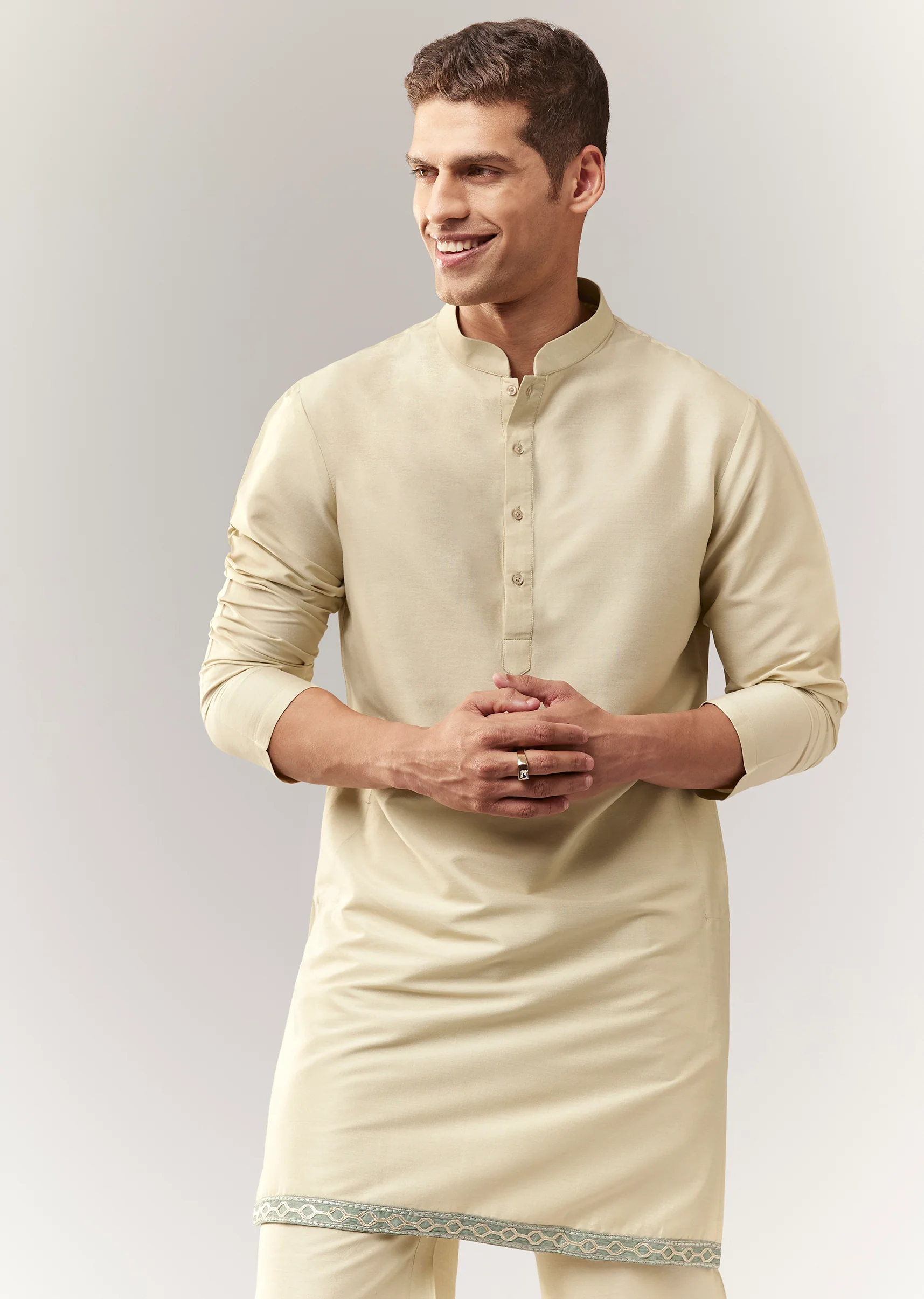 Mehendi Green Festive Duo – Crop Top Skirt Set For Her And Raw Silk Indo Western For Him - Image 10