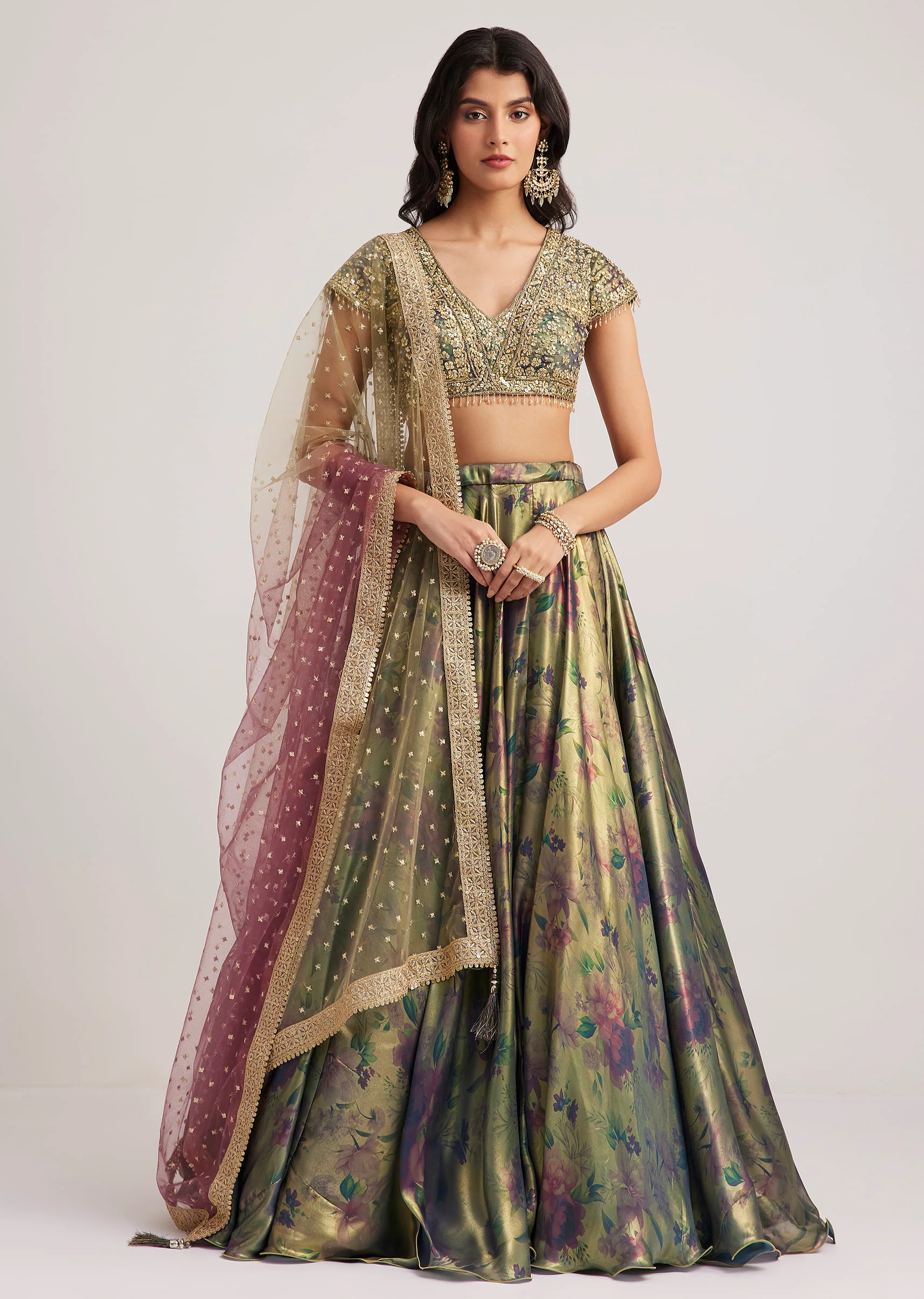 Mehendi Green Floral Printed Satin Lehenga Set - Image 3