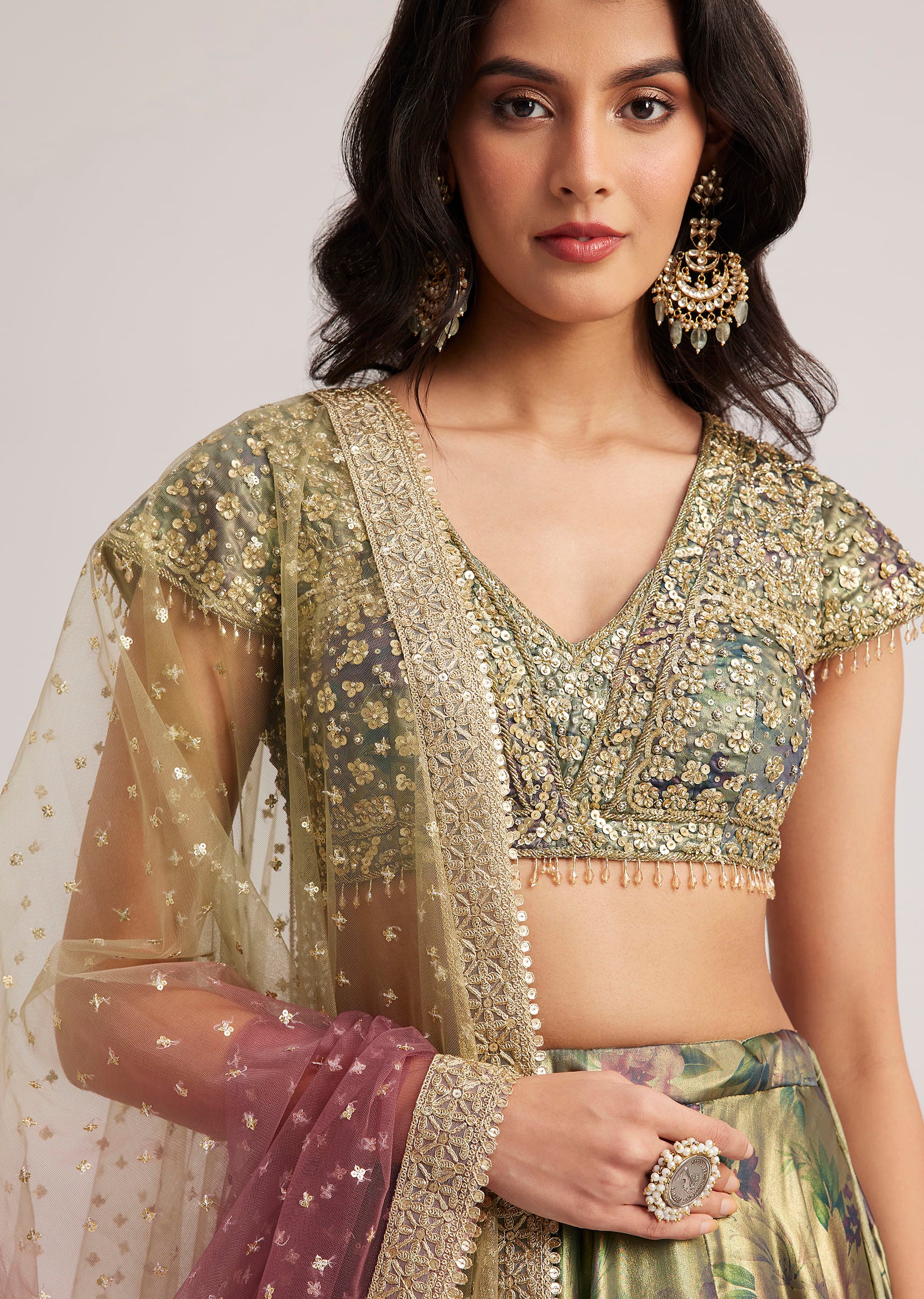 Mehendi Green Floral Printed Satin Lehenga Set - Image 4