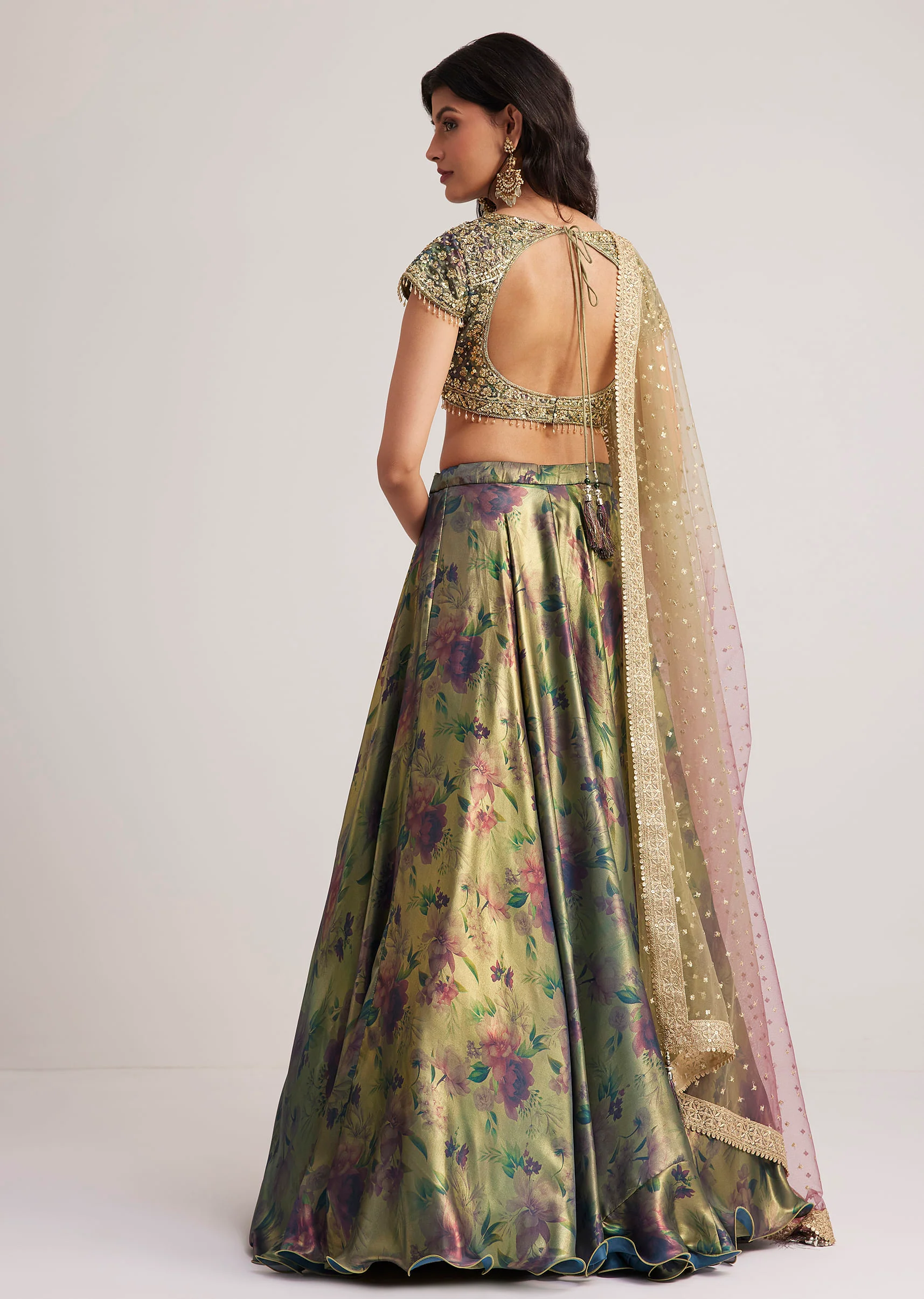 Mehendi Green Floral Printed Satin Lehenga Set - Image 5