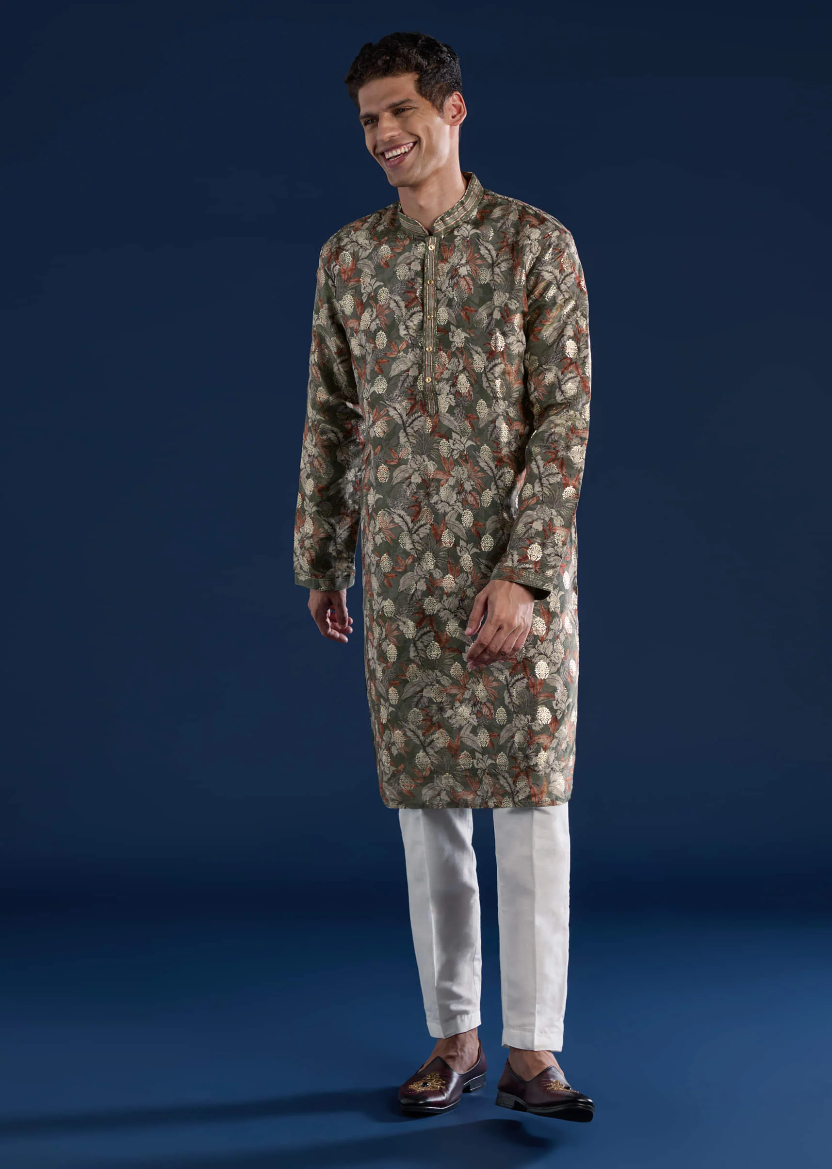 Mehendi Green Foil Work Mens Kurta and Pant Set - Image 3