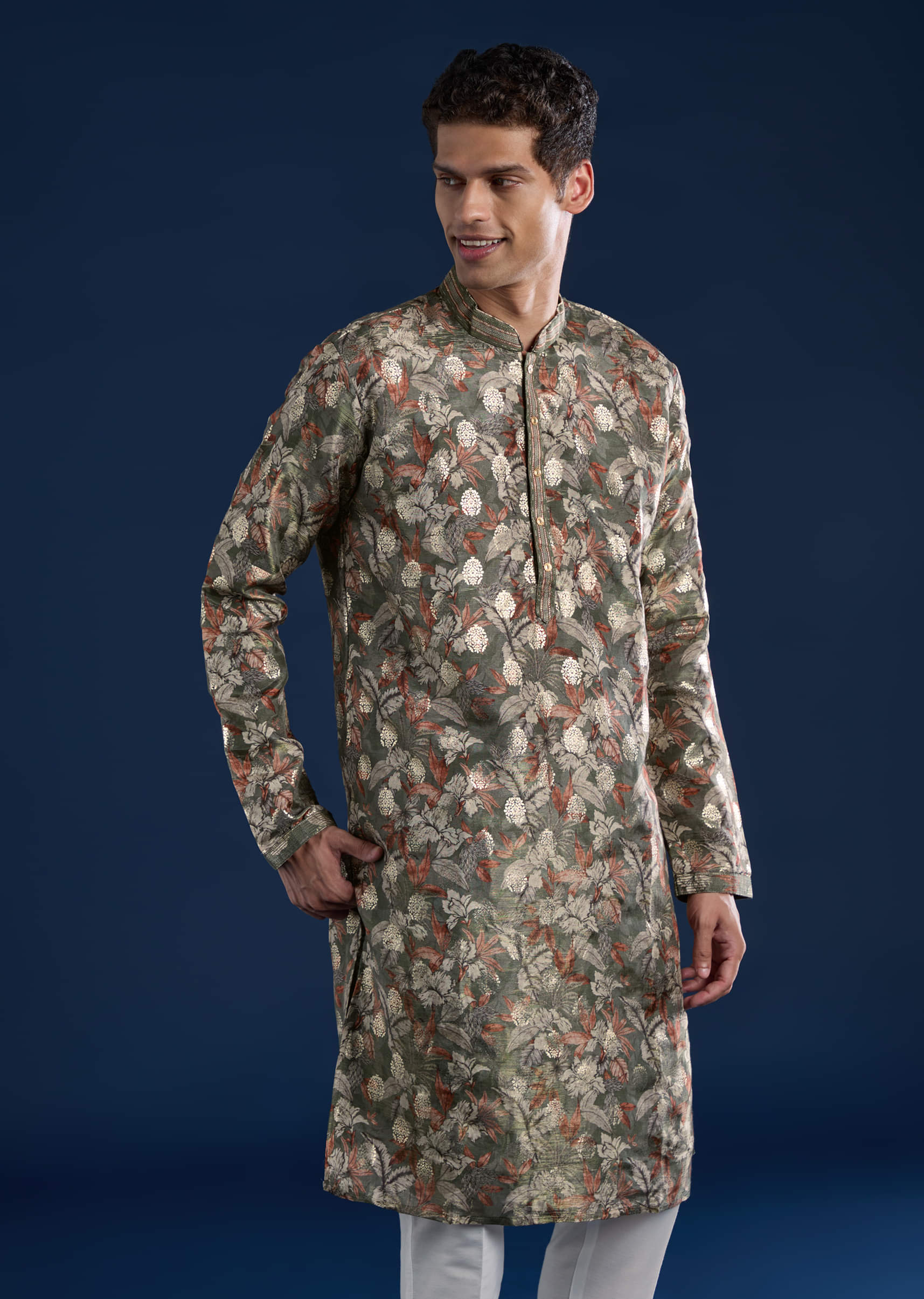 Mehendi Green Foil Work Mens Kurta and Pant Set - Image 4