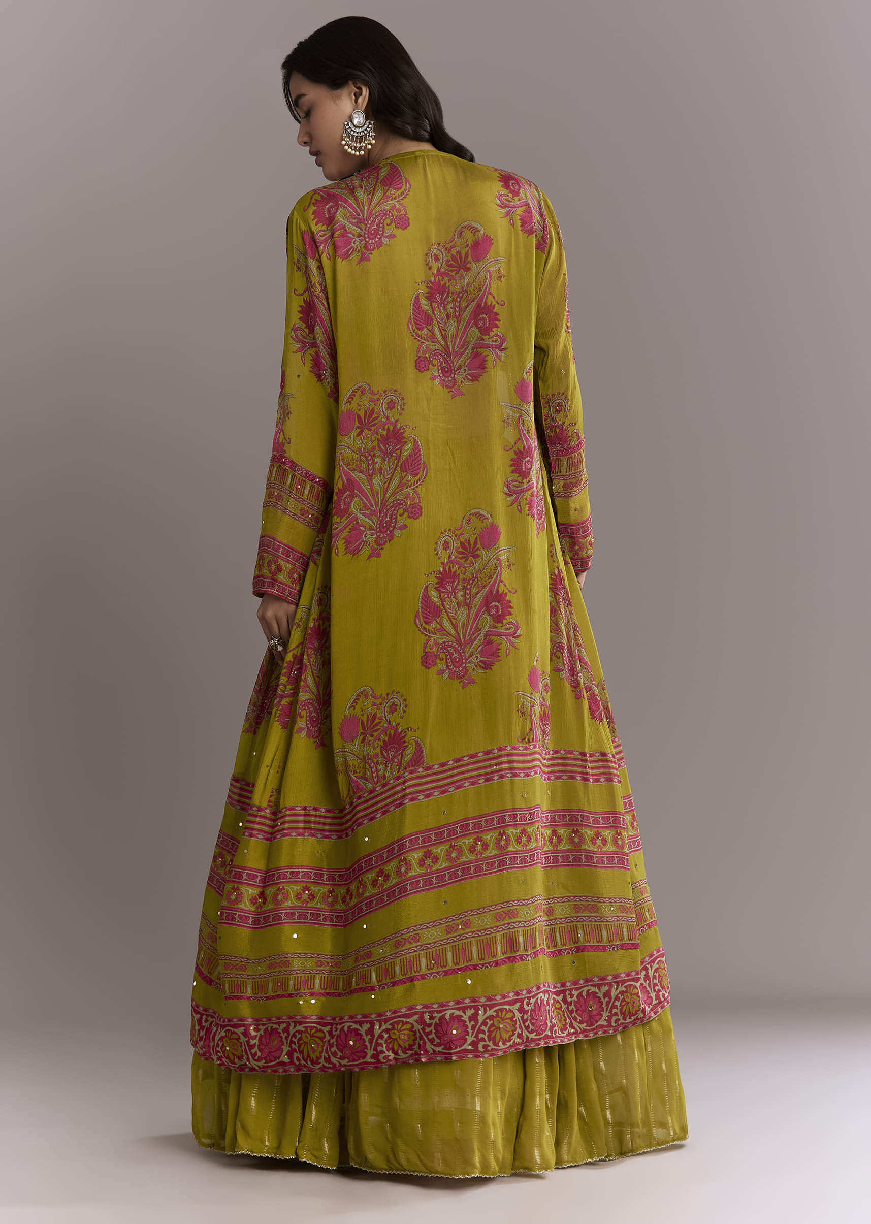 Mehendi Green Georgette Embroidery Crop Top And Printed Jacket With Skirt - Image 2