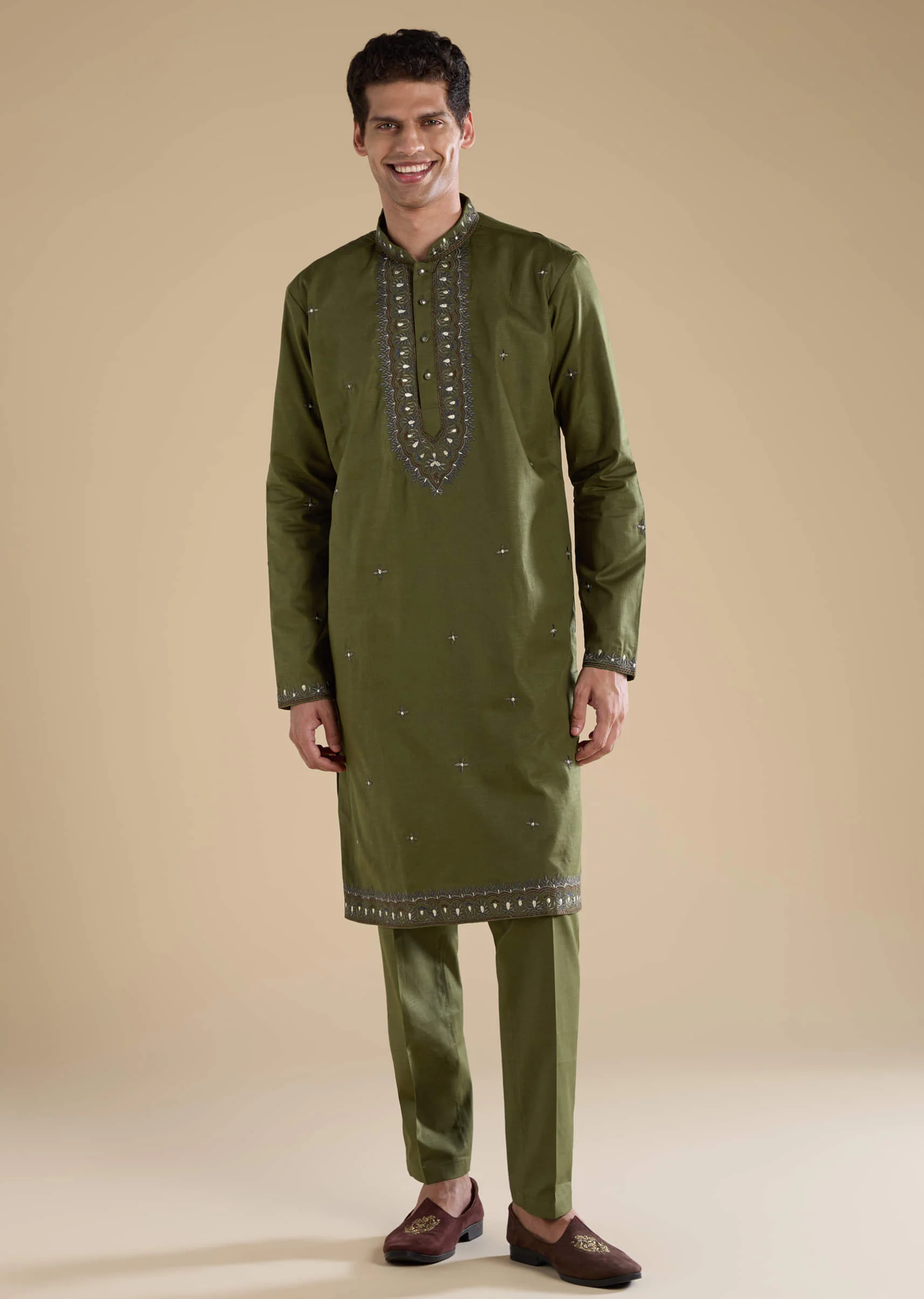 Mehendi Green Linen Straight Mens Kurta and Pant Set