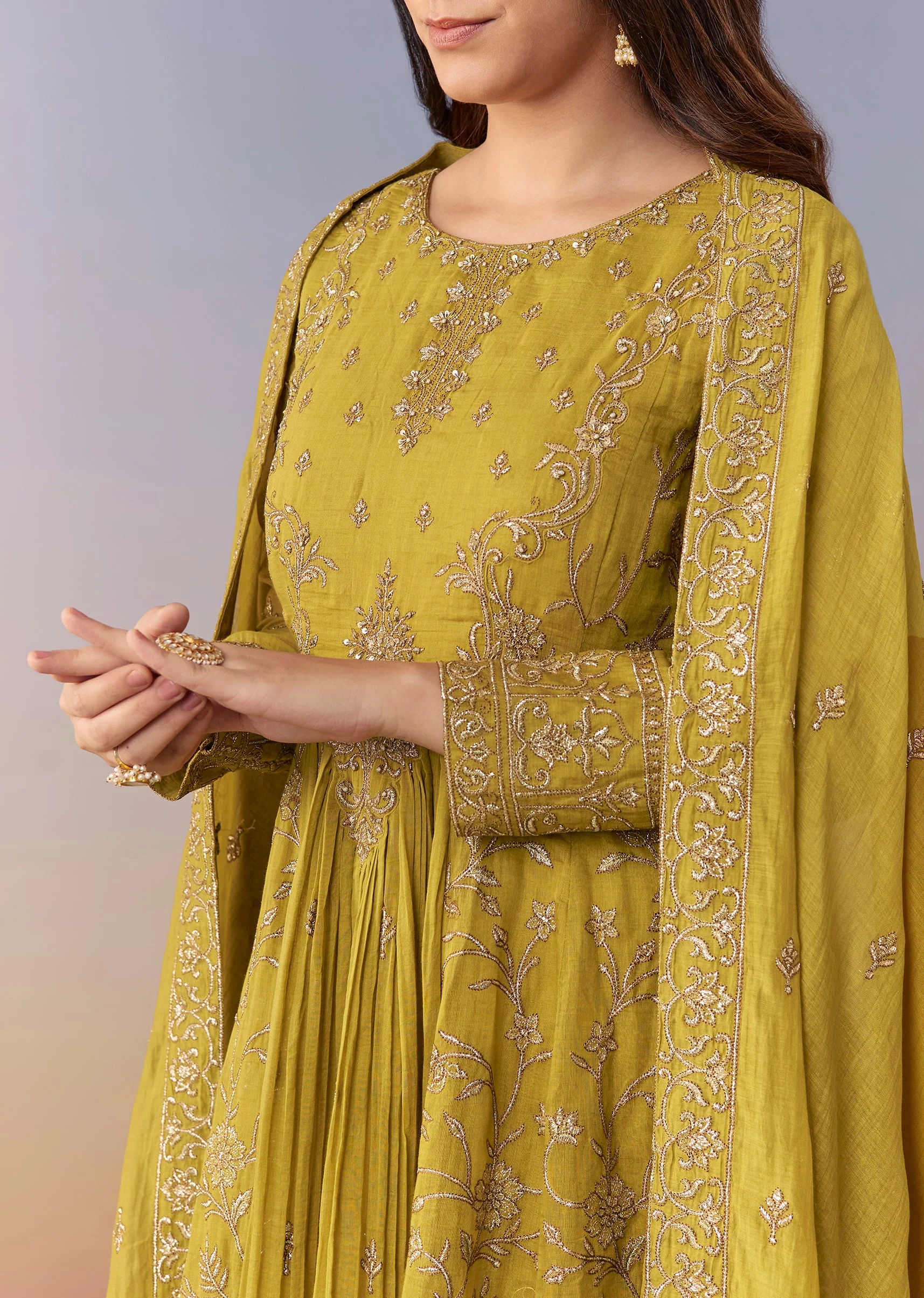 Mehendi Green Metallic Embroidered Anarkali Suit Set With Pant And Dupatta - Image 2