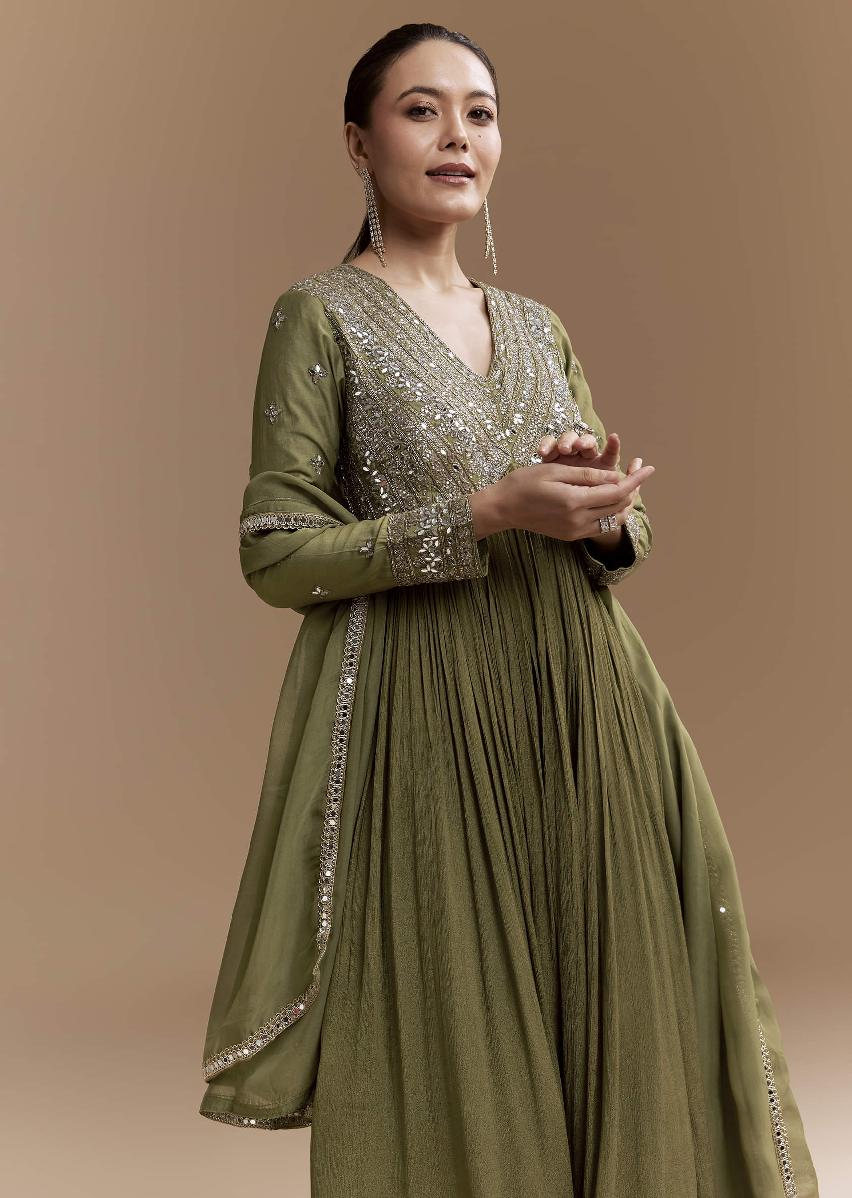 Mehendi Green Mirror Work Anarkali with Dupatta - Image 4