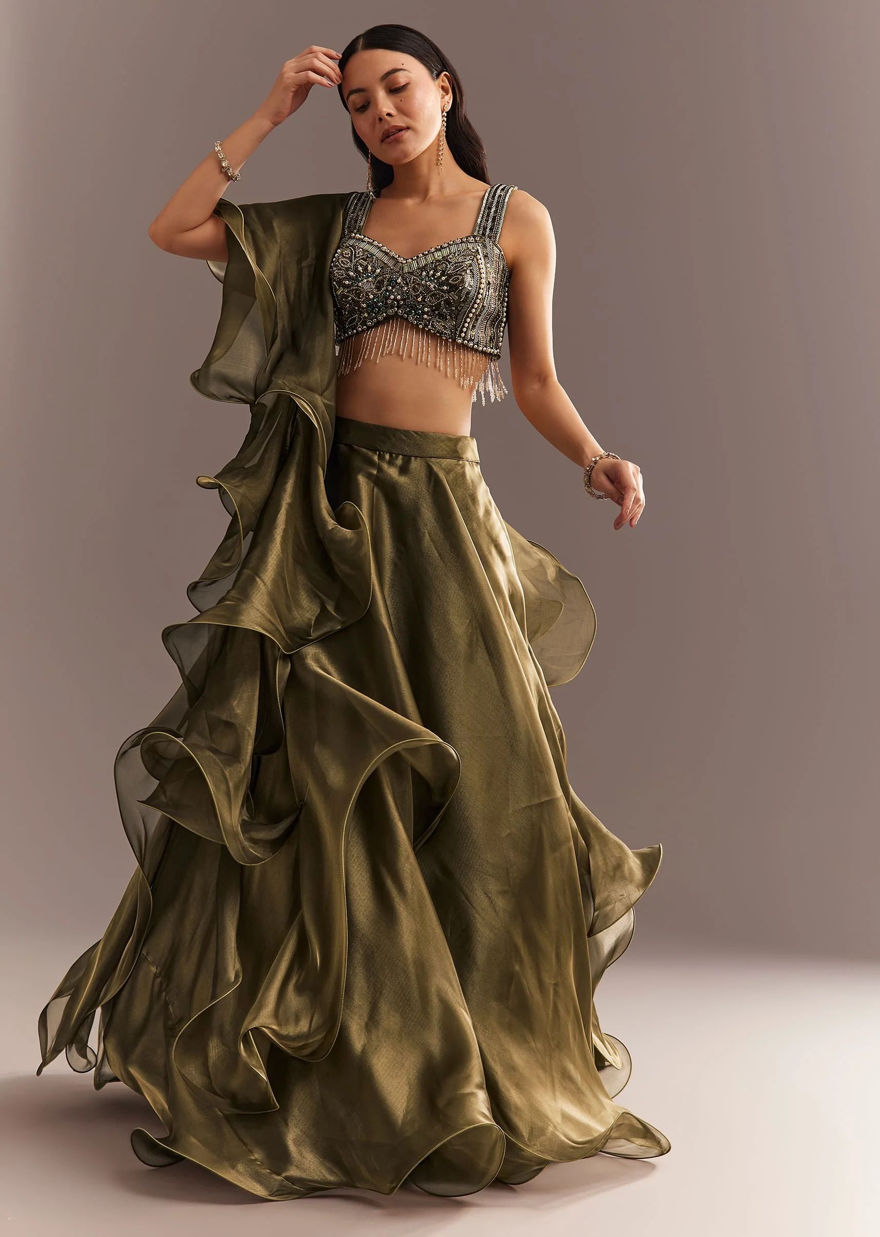 Mehendi Green Organza Choli Lehenga With Ruffled Dupatta - Image 2