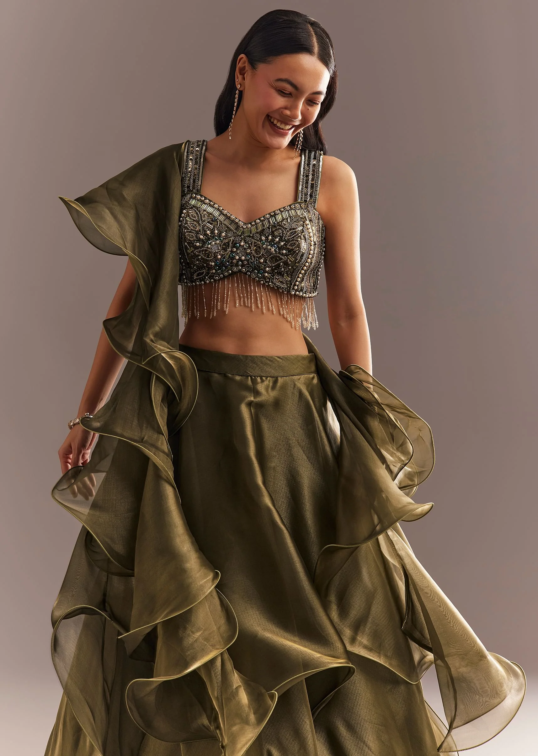 Mehendi Green Organza Choli Lehenga With Ruffled Dupatta - Image 3