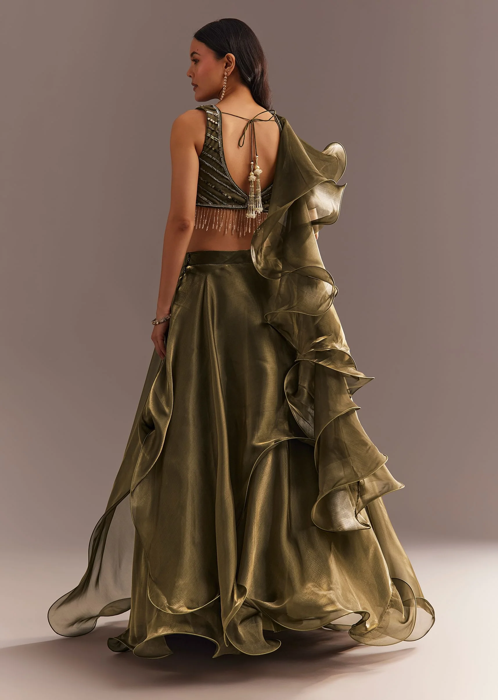Mehendi Green Organza Choli Lehenga With Ruffled Dupatta - Image 5
