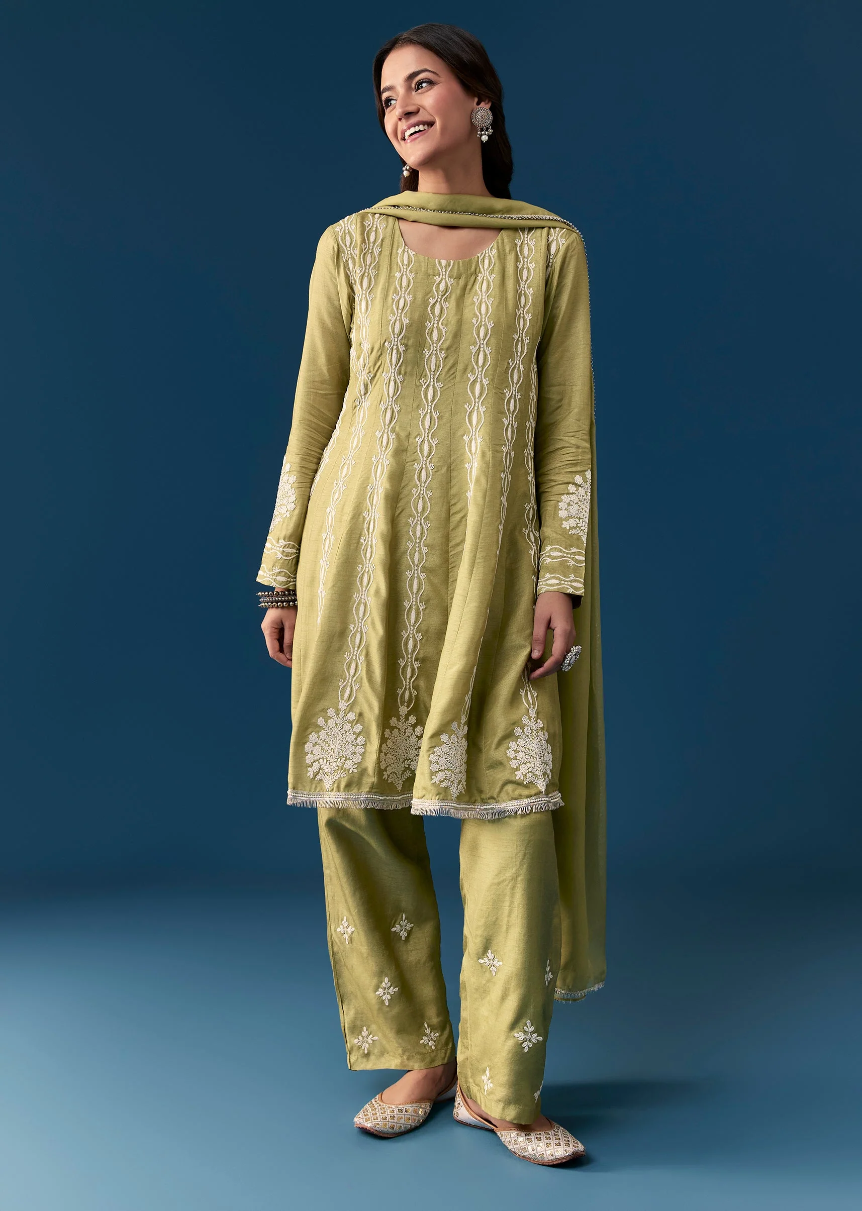 Mehendi Green Pastel Pakistani Style Peplum Anarkali Suit With Thread Work - Image 3