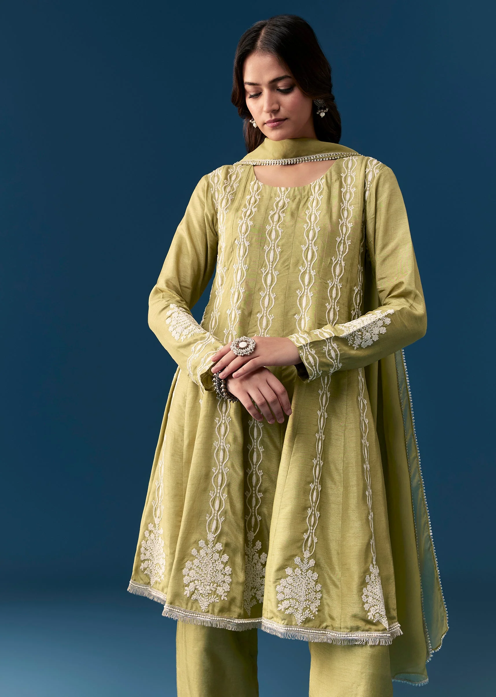 Mehendi Green Pastel Pakistani Style Peplum Anarkali Suit With Thread Work - Image 4