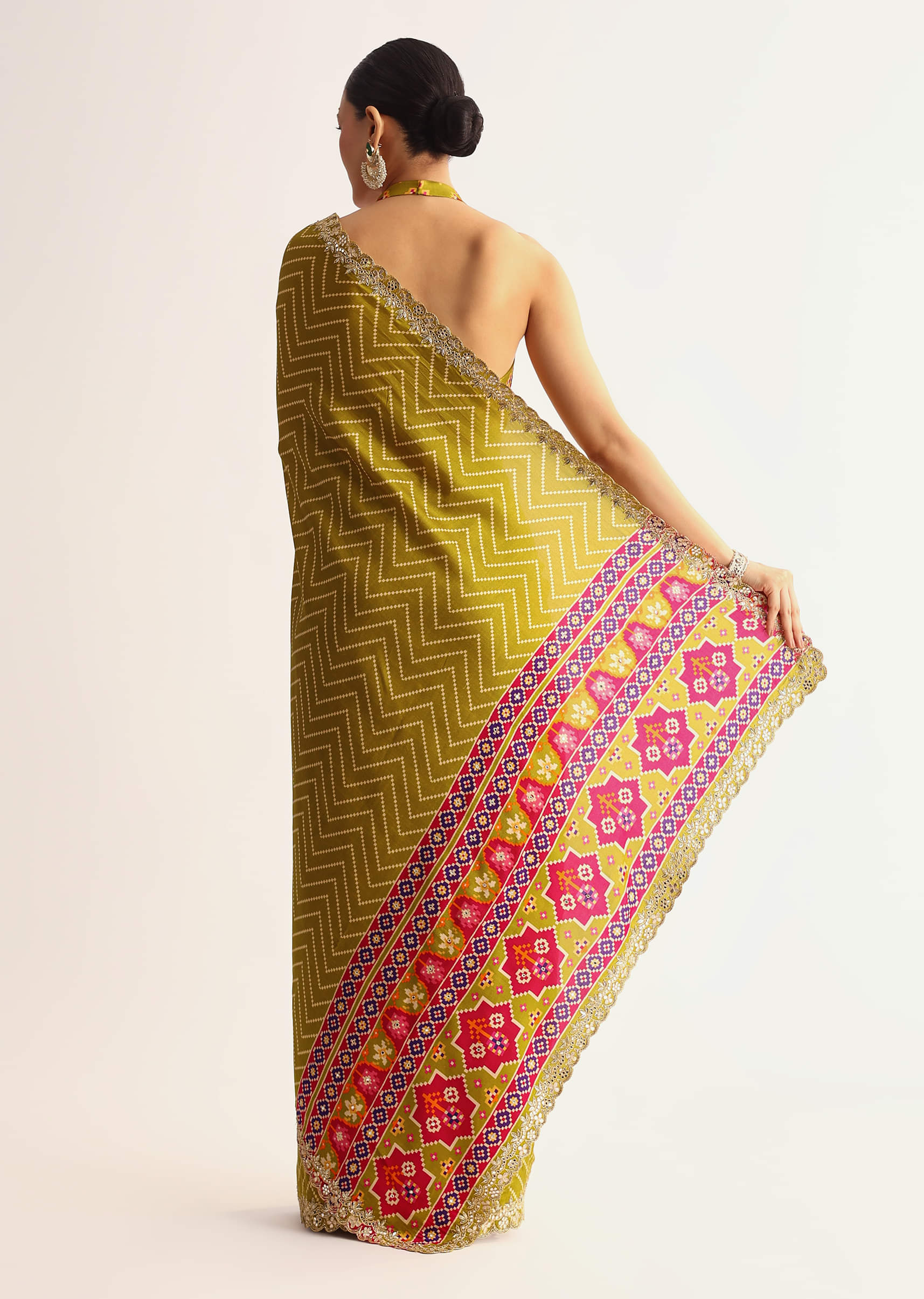 Mehendi Green Patola Printed Satin Saree With Scallop Embroidered Border - Image 6