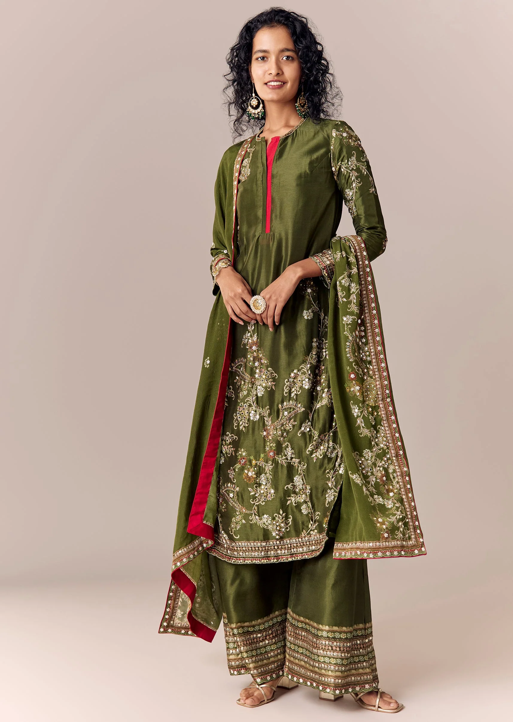 Mehendi Green Printed Kurta Palazzo Set With Dupatta - Image 3
