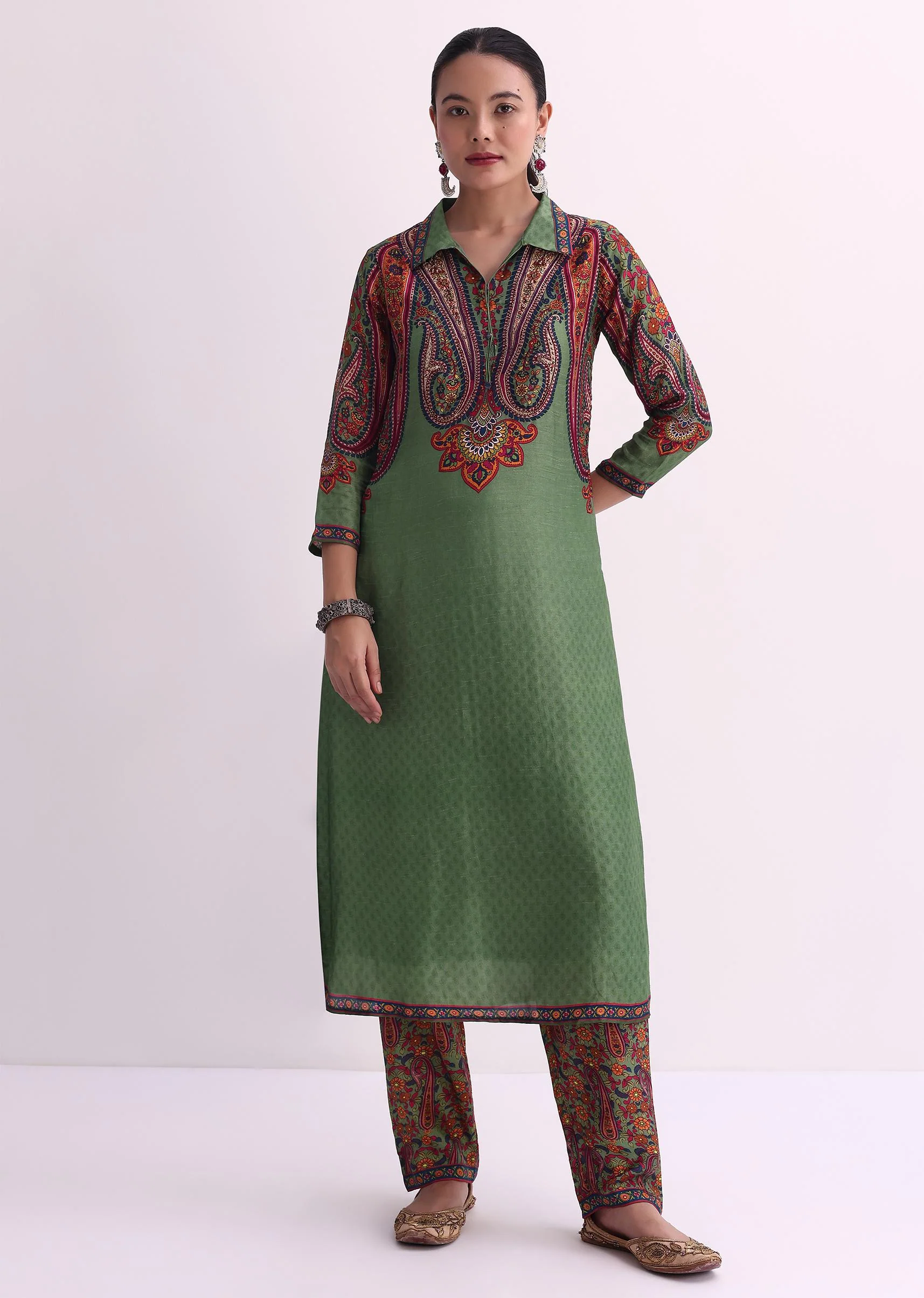 Mehendi Green Sequin Embroidered Silk Kurta With Printed Pant Set - Image 6