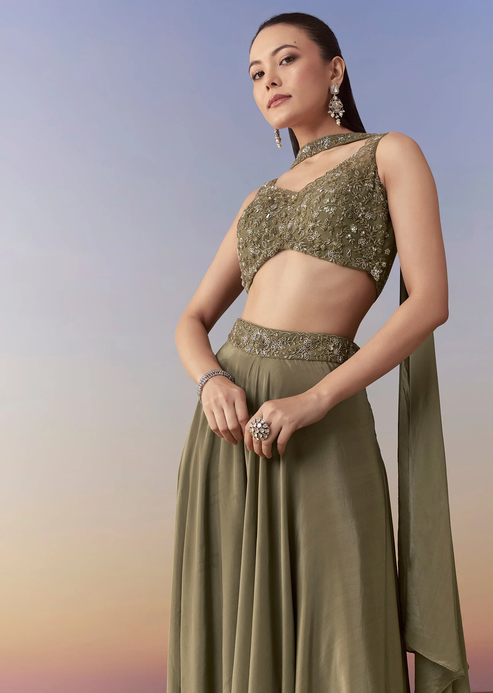 Mehendi Green Sequin Indo Western Crop Top Palazzo Set - Image 4