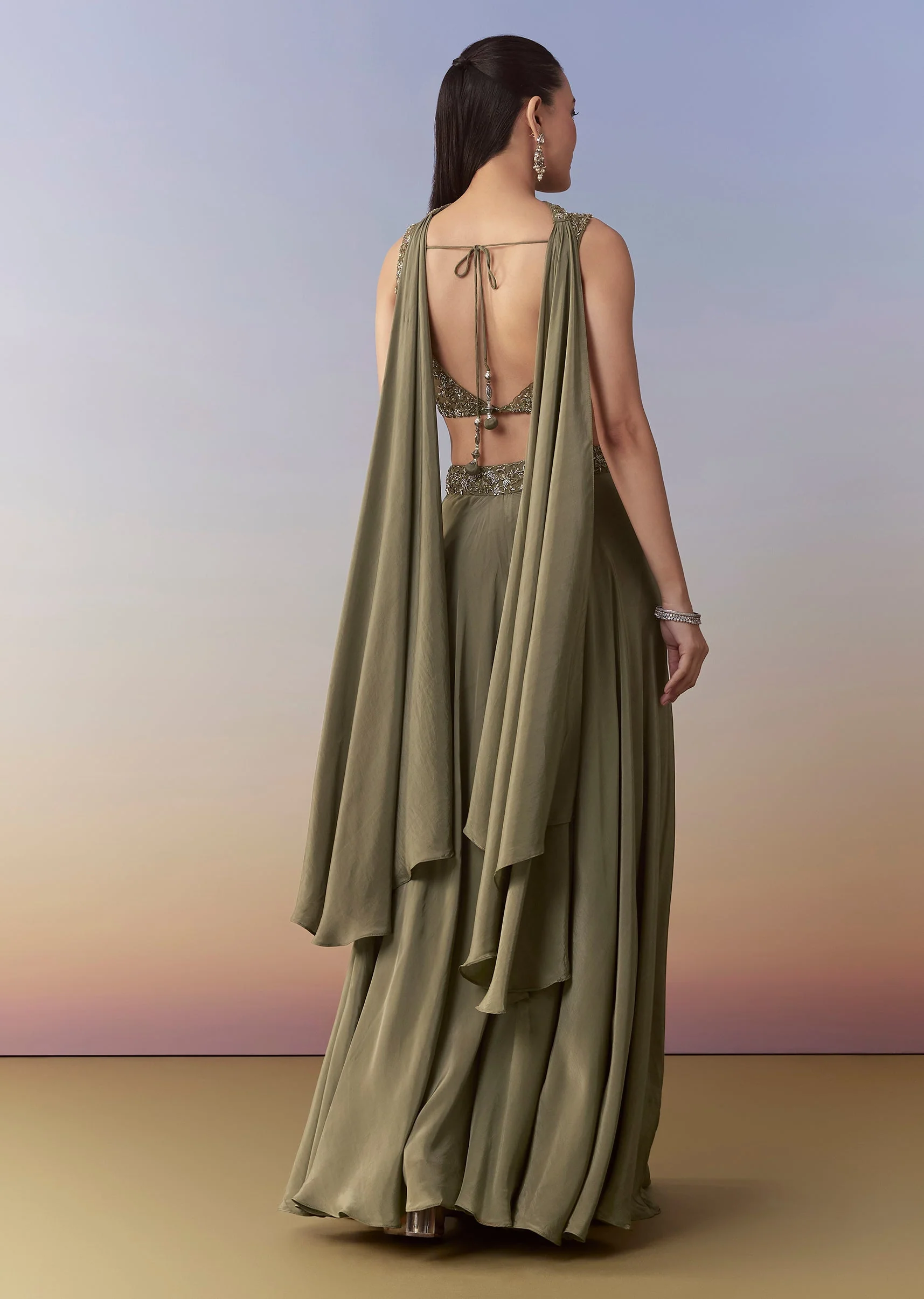 Mehendi Green Sequin Indo Western Crop Top Palazzo Set - Image 5