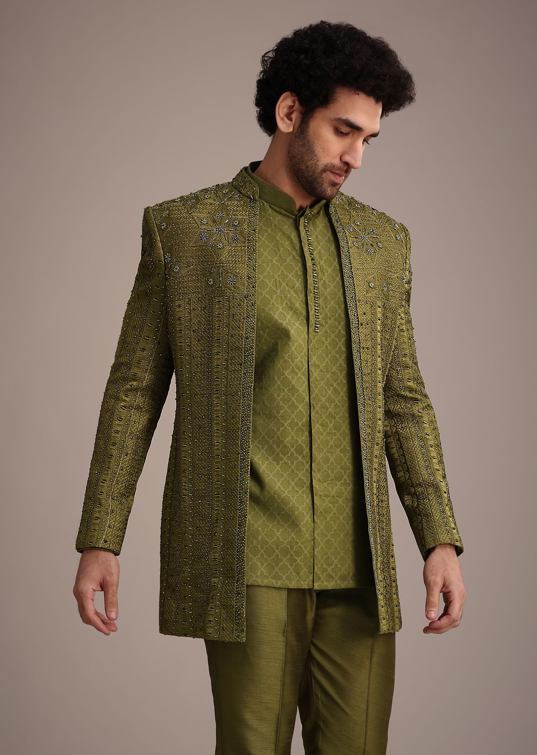 Mehendi Green Silk Zardosi Kurta Jacket Set - Image 3