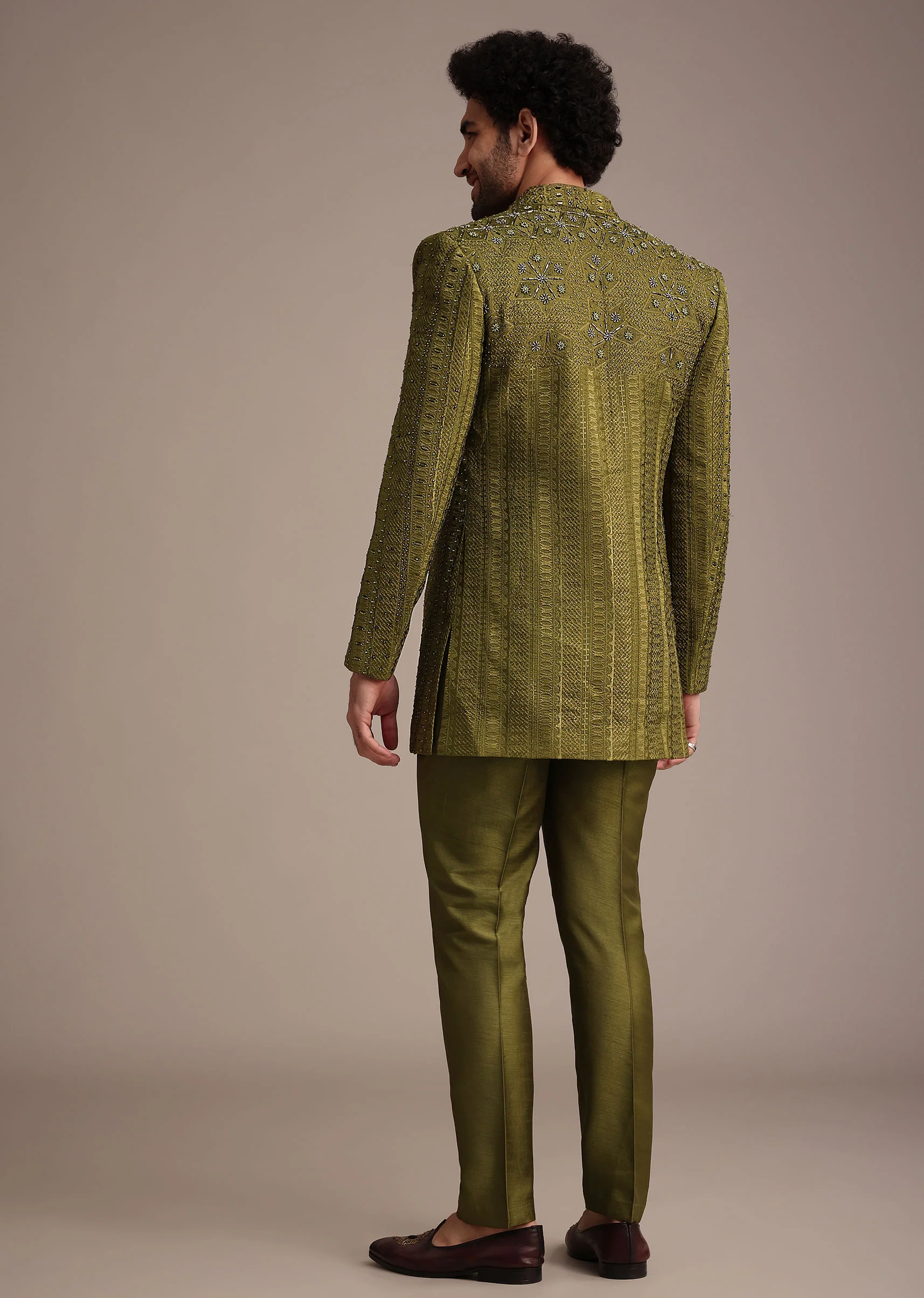 Mehendi Green Silk Zardosi Kurta Jacket Set - Image 5