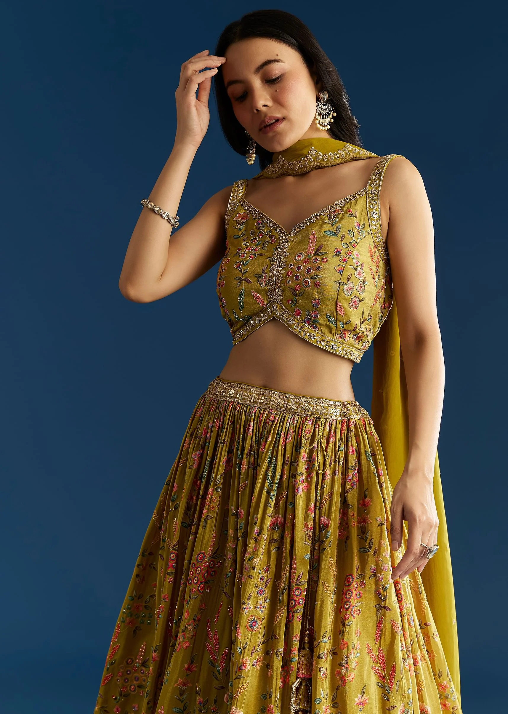 Mehendi Green Tissue Silk Lehenga With Zardosi Sequin Choli And Printed Dupatta - Image 4