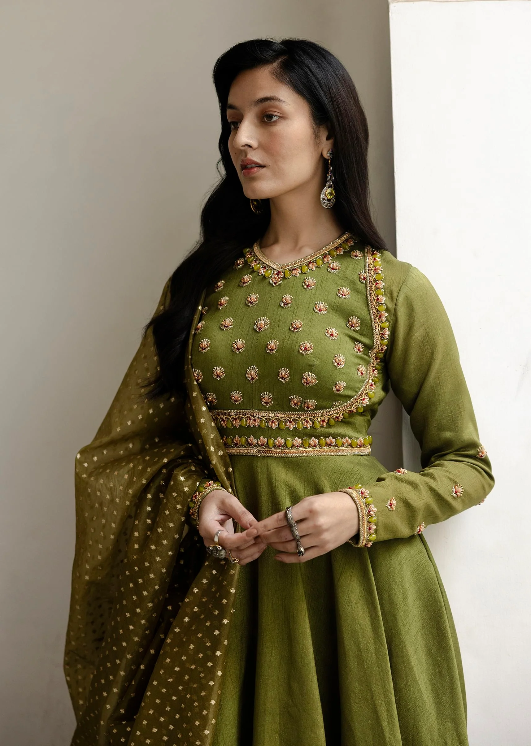 Mehendi Green Tussar Anarkali Suit With Cutdana Embroidery - Image 3