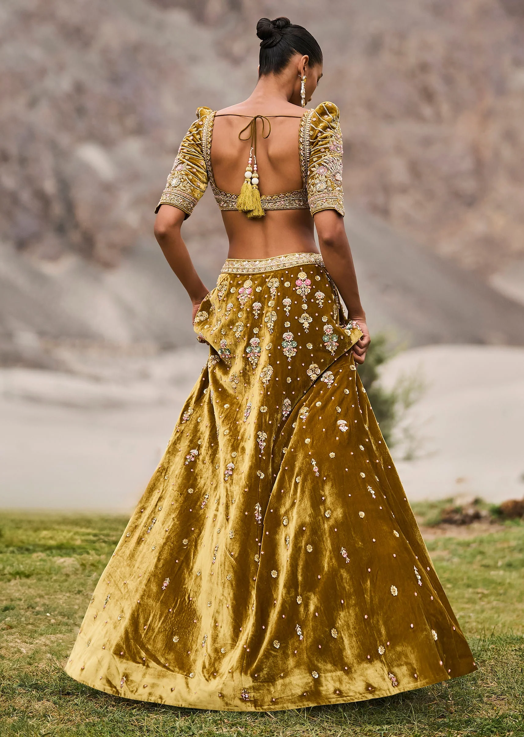 Mehendi Green Velvet Lehenga With Butti Work And Dupatta - Image 5