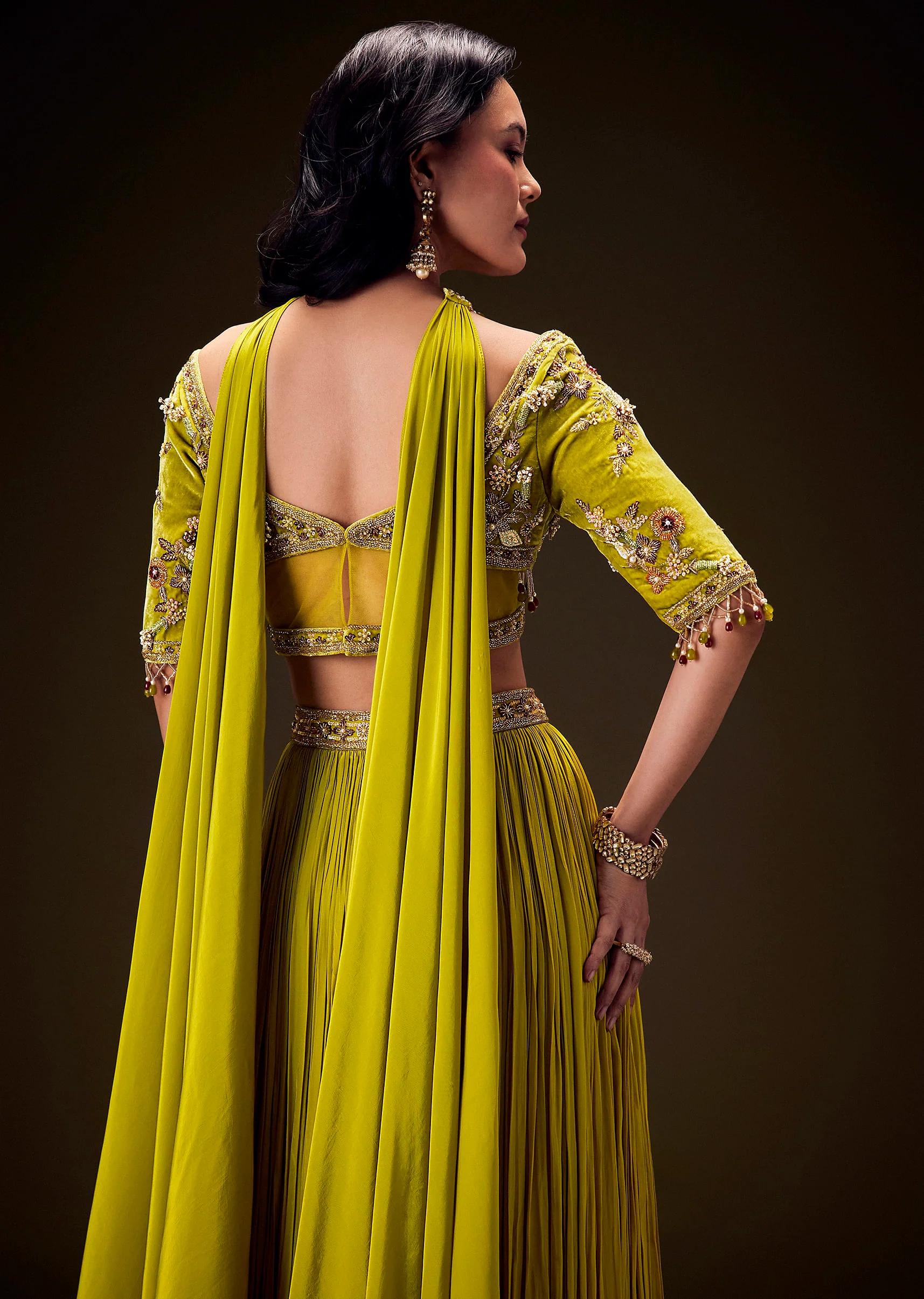 Mehendi Green Velvet Lehenga With Embellished Cross Body Blouse - Image 6