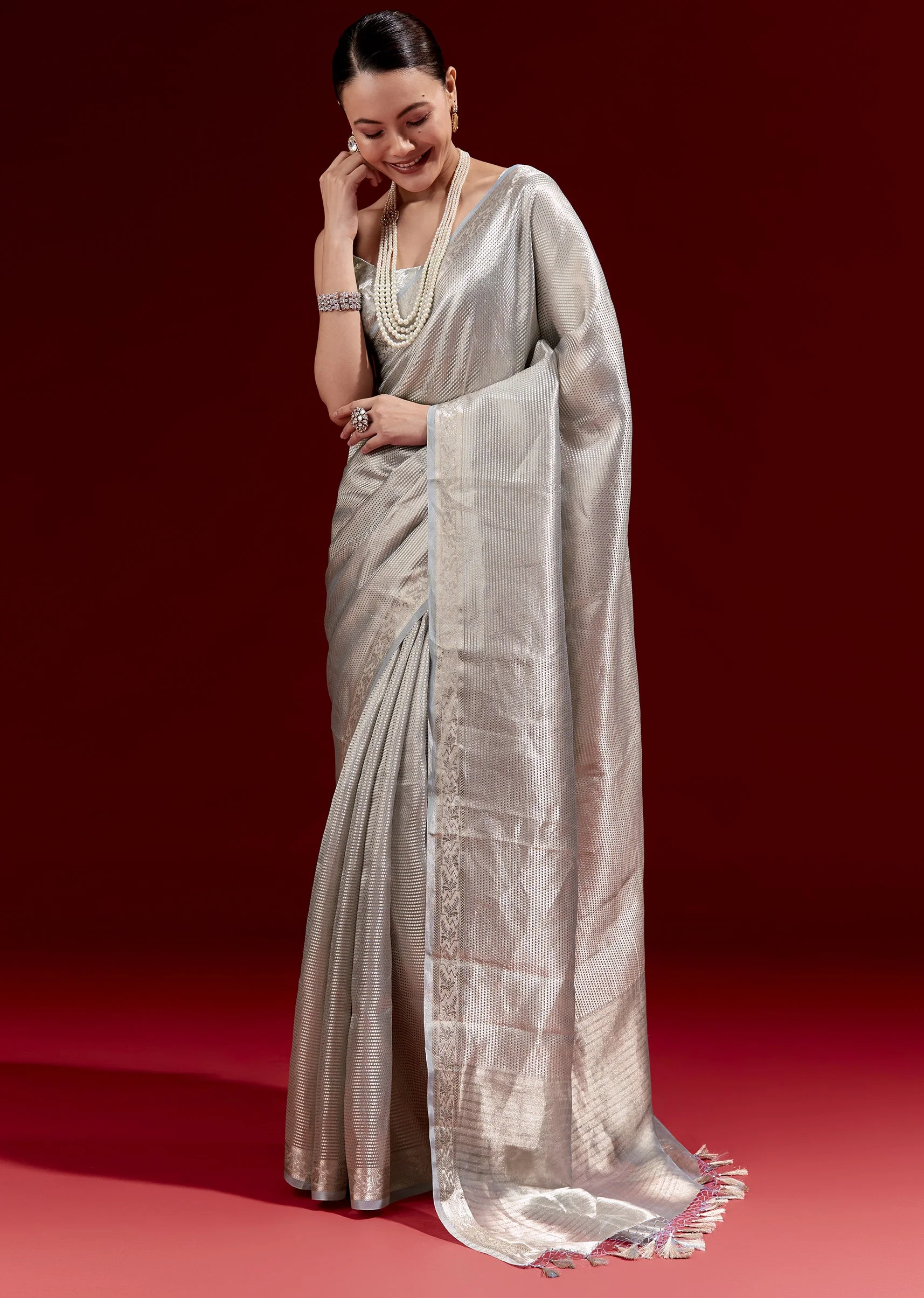 Metallic Blue Banarasi Tissue Saree With Micro Geometric Weave And Floral Woven Border