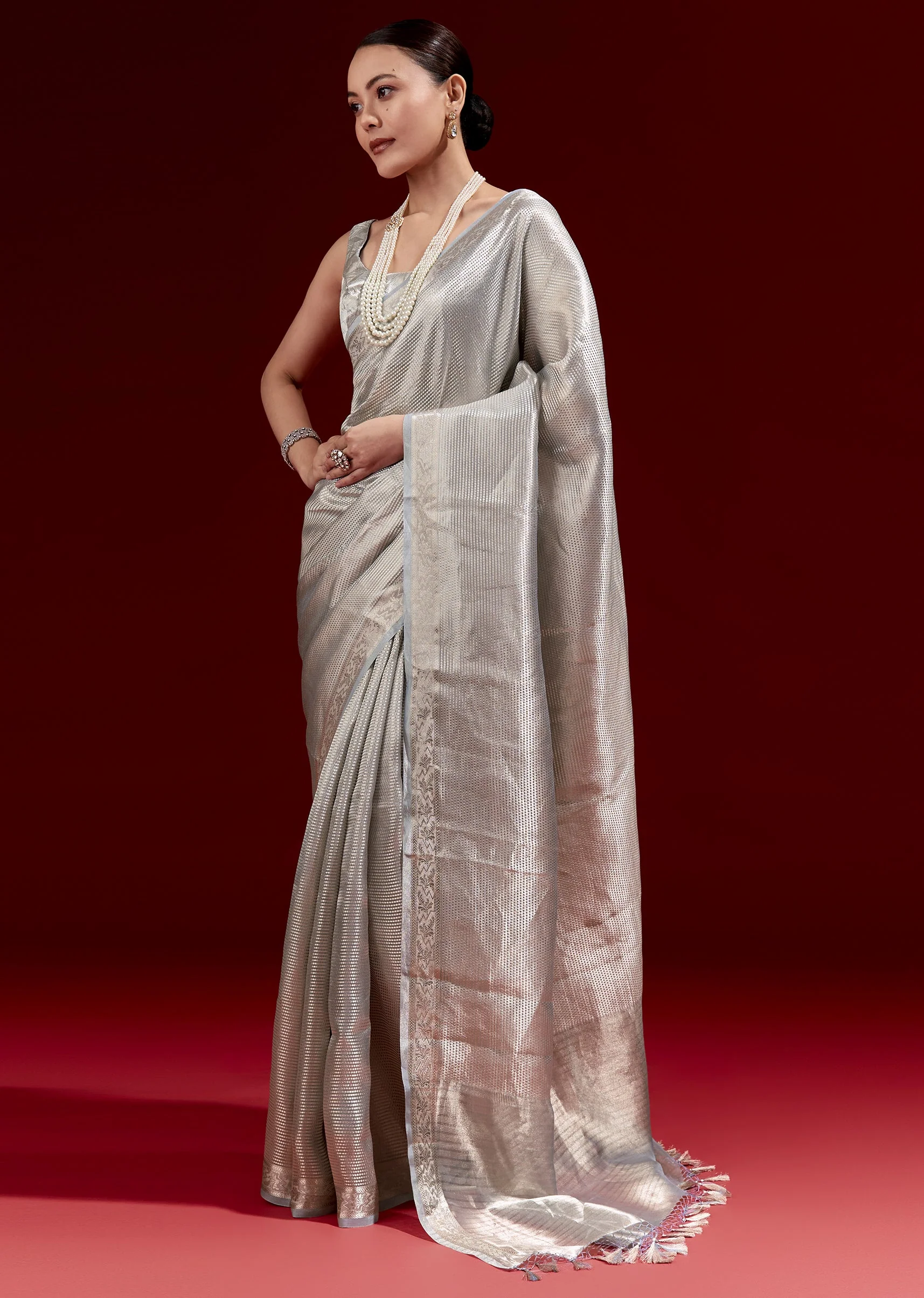 Metallic Blue Banarasi Tissue Saree With Micro Geometric Weave And Floral Woven Border - Image 3