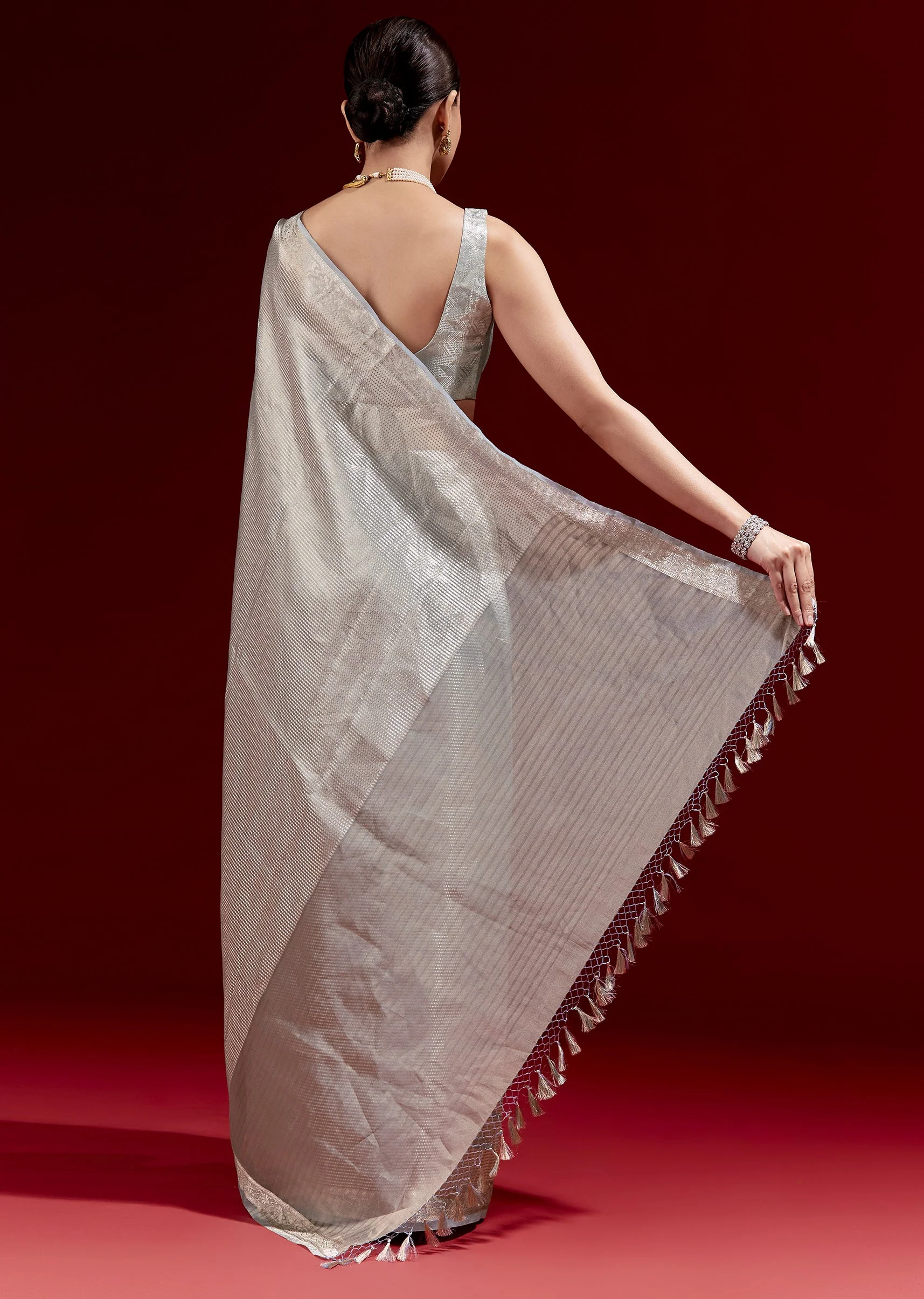 Metallic Blue Banarasi Tissue Saree With Micro Geometric Weave And Floral Woven Border - Image 4